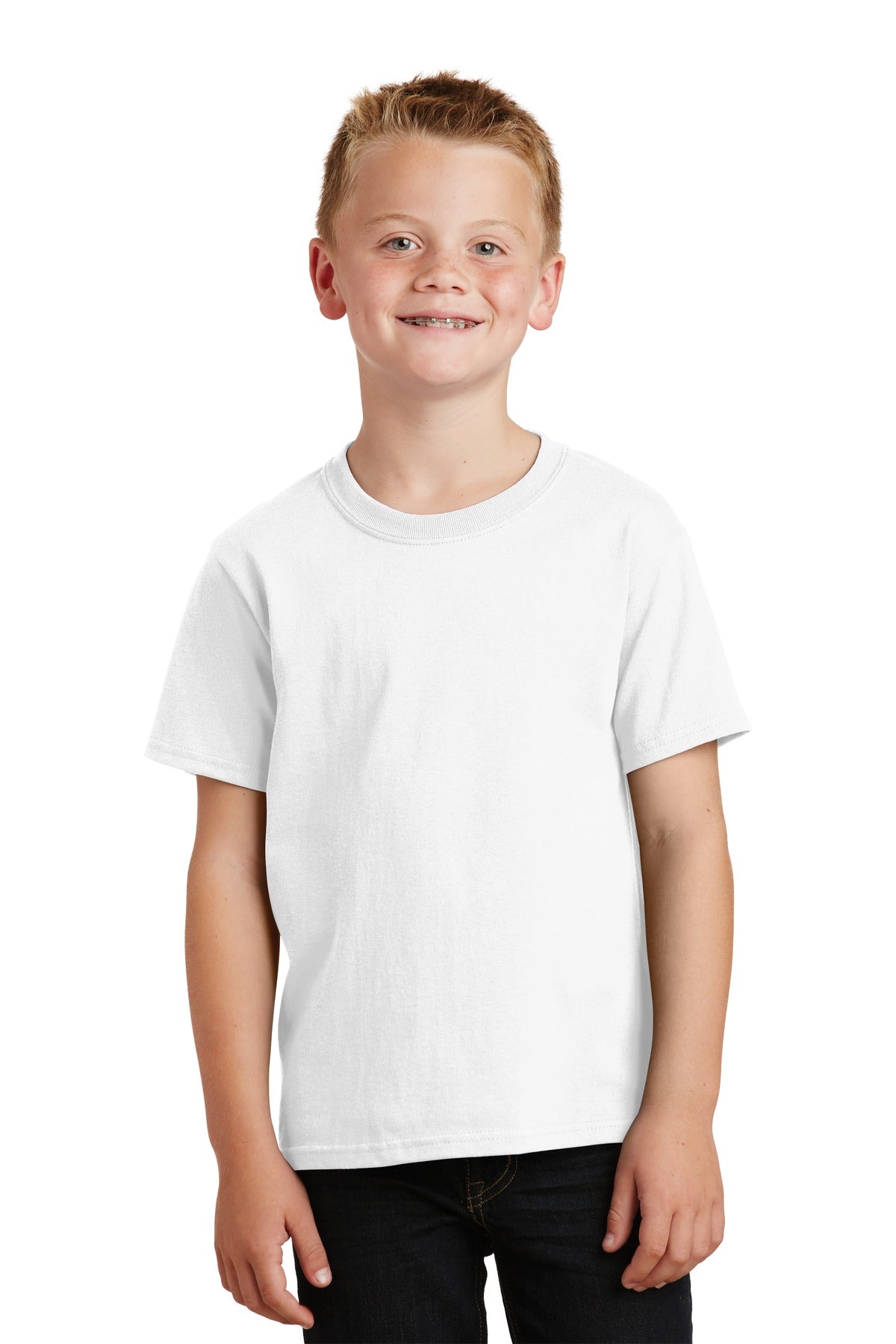 Front View of White Port & Co Youth Core Cotton Tee. PC54Y plain