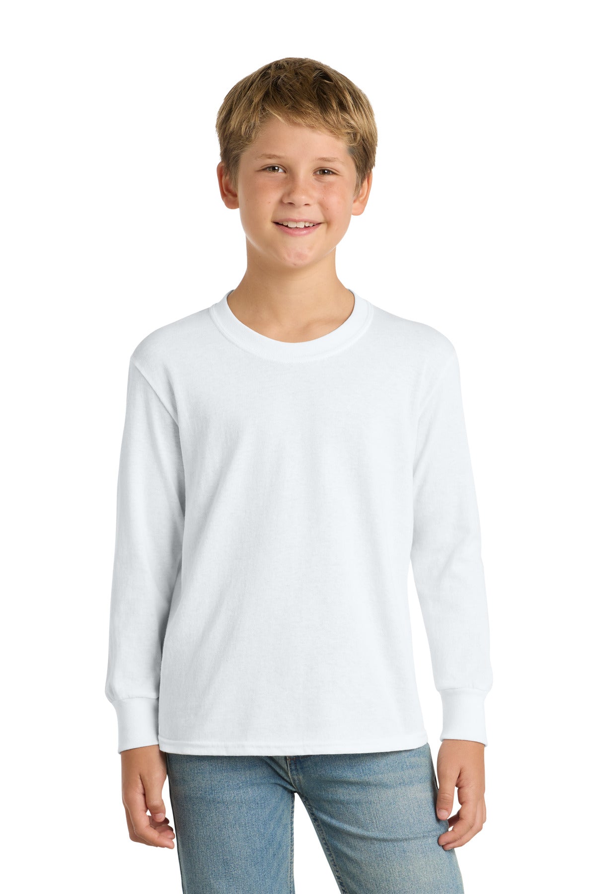 Front View of White Port & Co Youth Long Sleeve Core Cotton Tee. PC54YLS plain