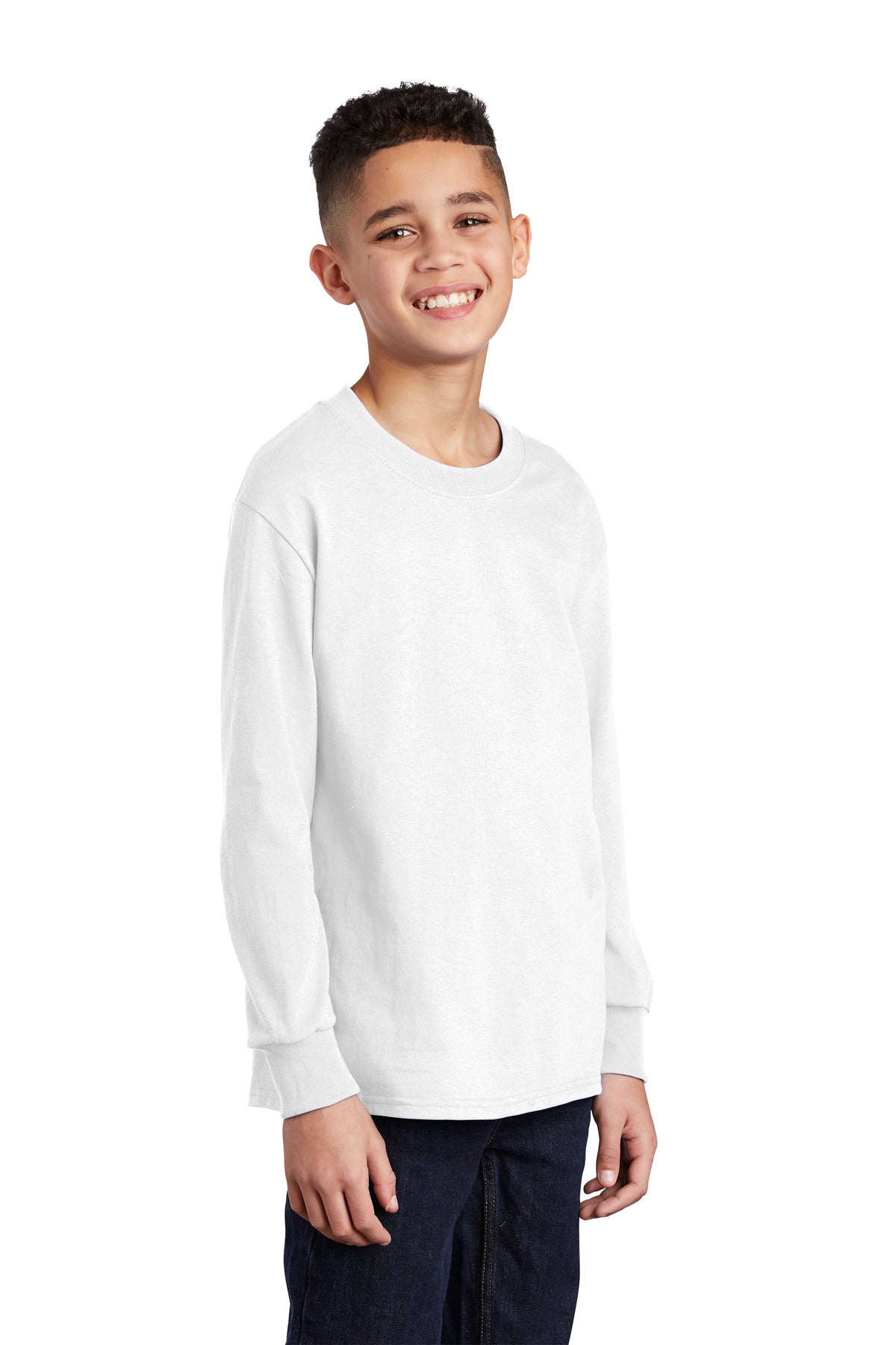 Front View of White Port & Co Youth Long Sleeve Core Cotton Tee. PC54YLS plain