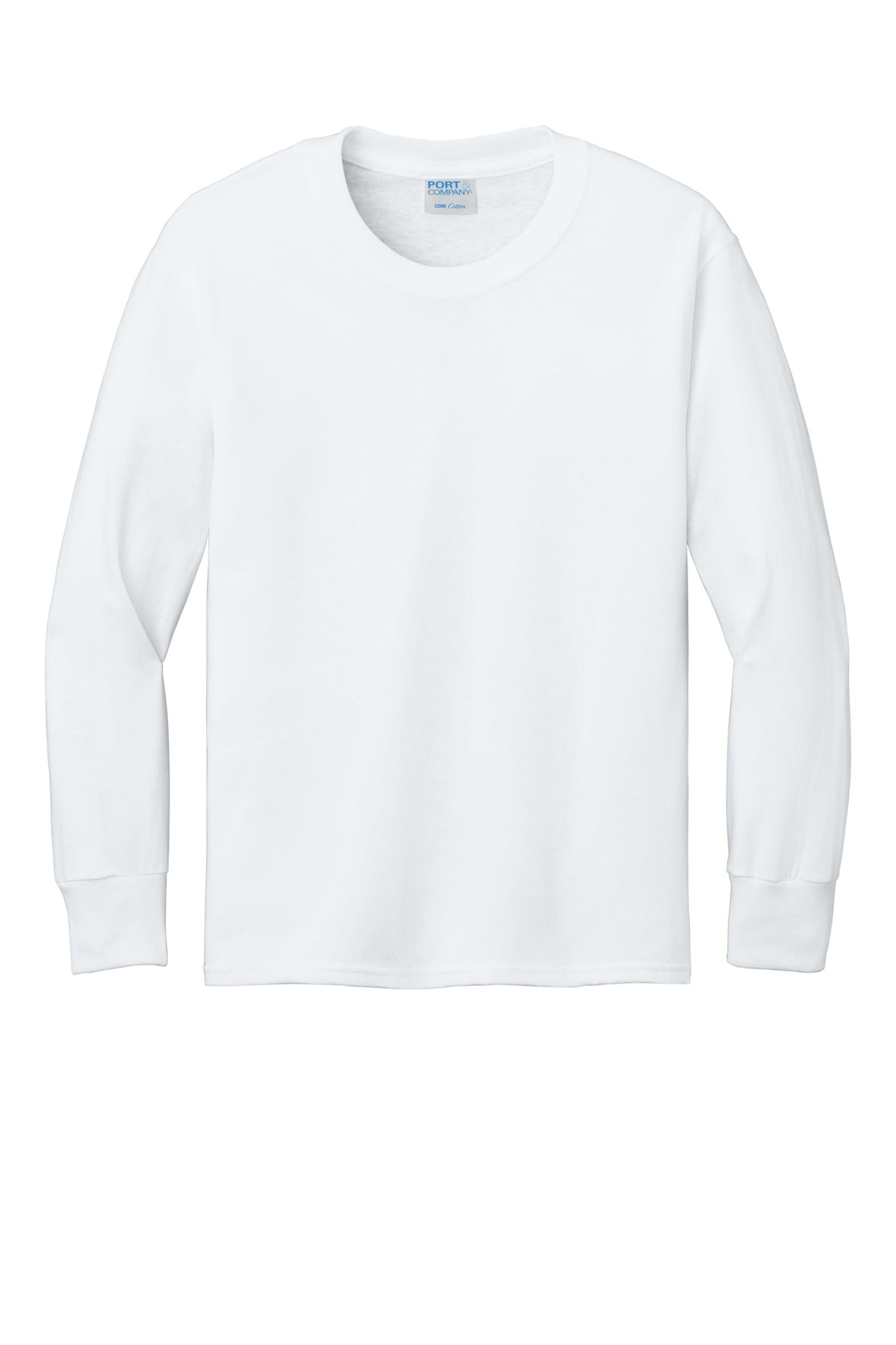 Front View of White Port & Co Youth Long Sleeve Core Cotton Tee. PC54YLS plain