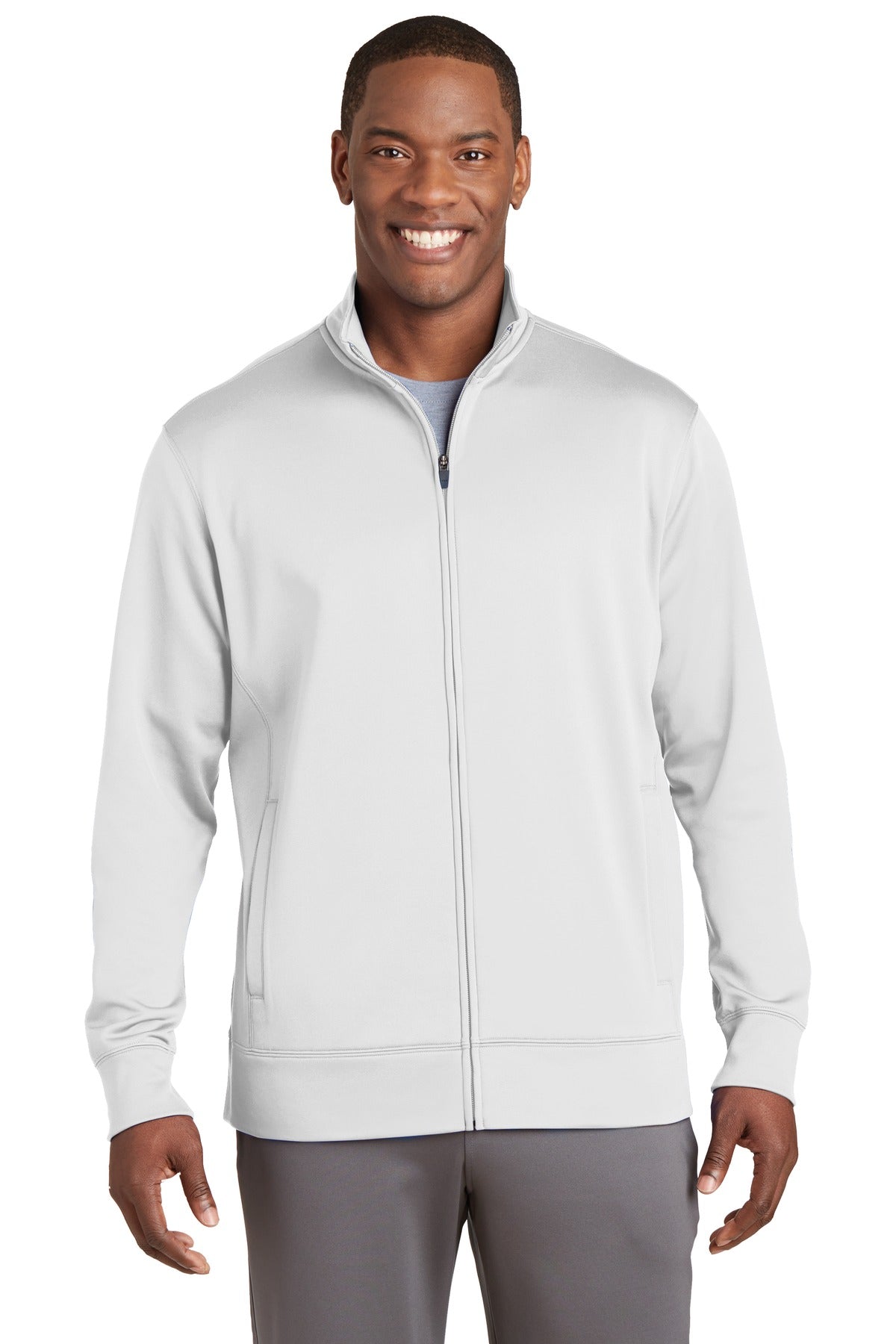 Front View of White Sport-Tek Sport-Wick Fleece Full-Zip Jacket. ST241 plain