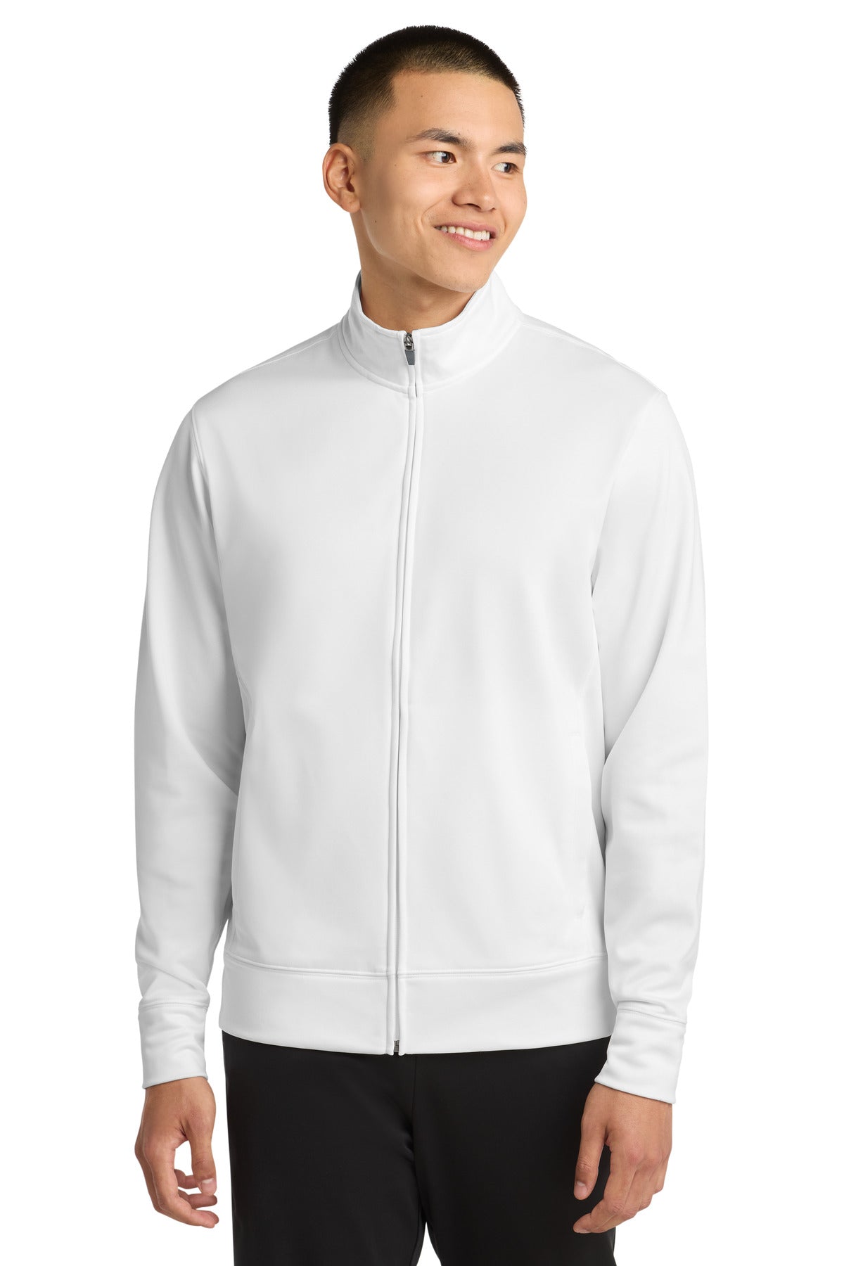 Front View of White Sport-Tek Sport-Wick Fleece Full-Zip Jacket. ST241 plain