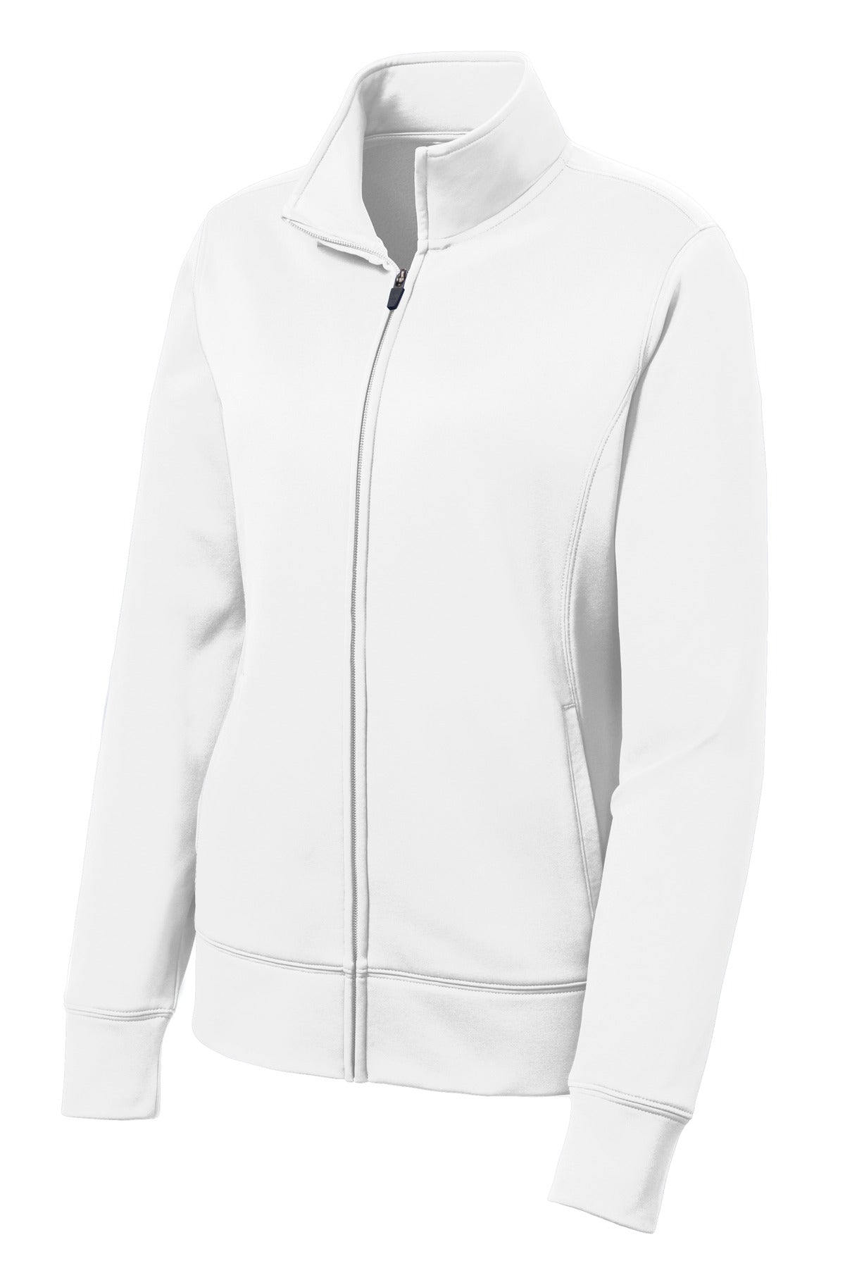 Front View of White Sport-Tek Women's Sport-Wick Fleece Full-Zip Jacket. LST241 plain
