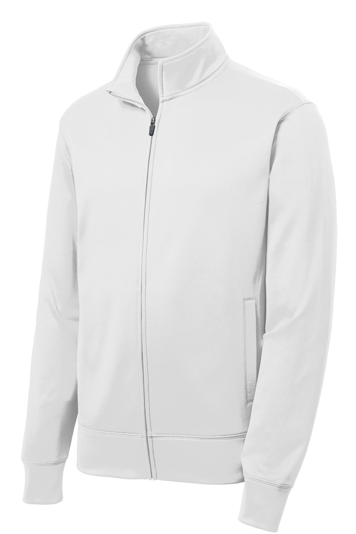 Front View of White Sport-Tek Youth Sport-Wick Fleece Full-Zip Jacket. YST241 plain