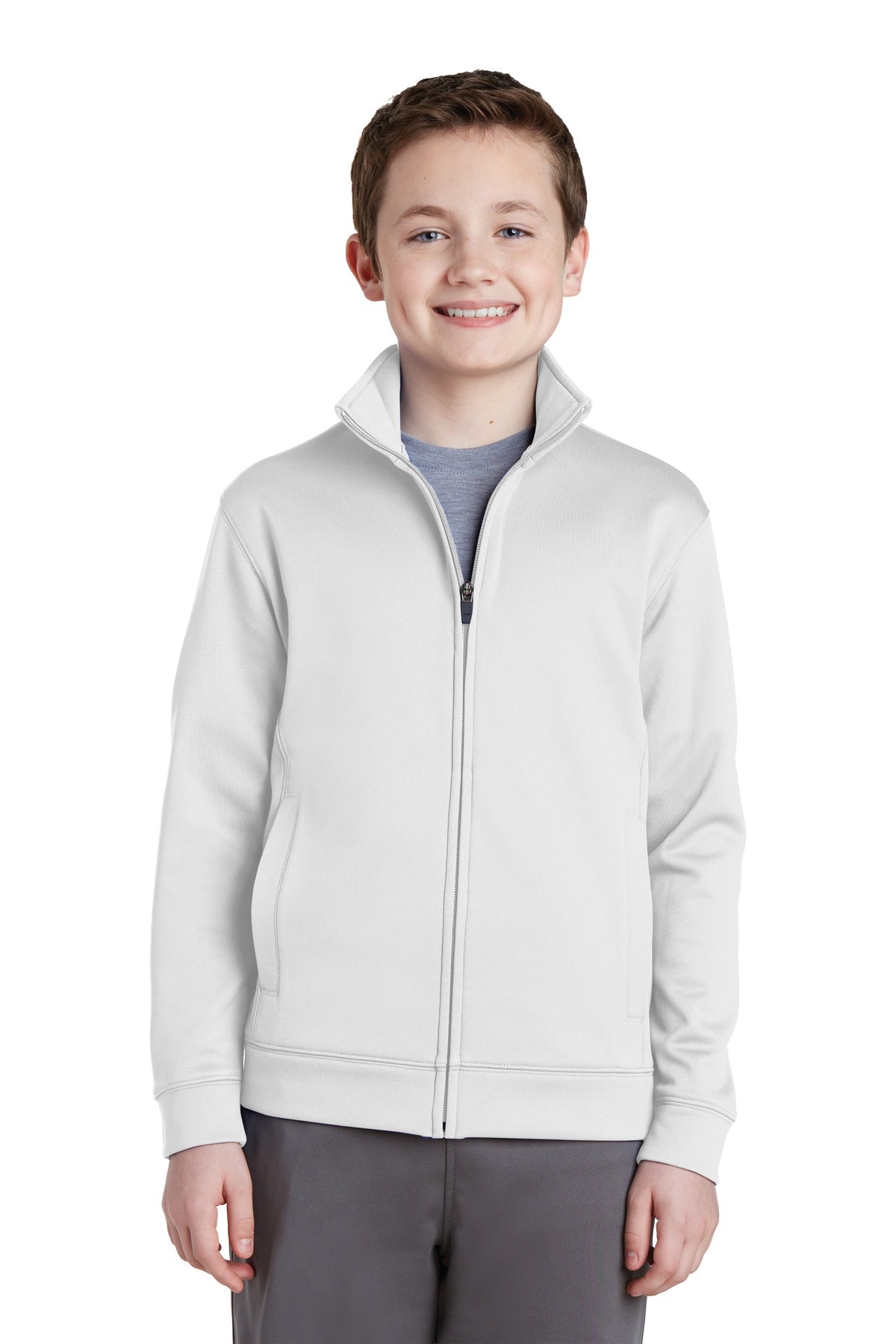 Front View of White Sport-Tek Youth Sport-Wick Fleece Full-Zip Jacket. YST241