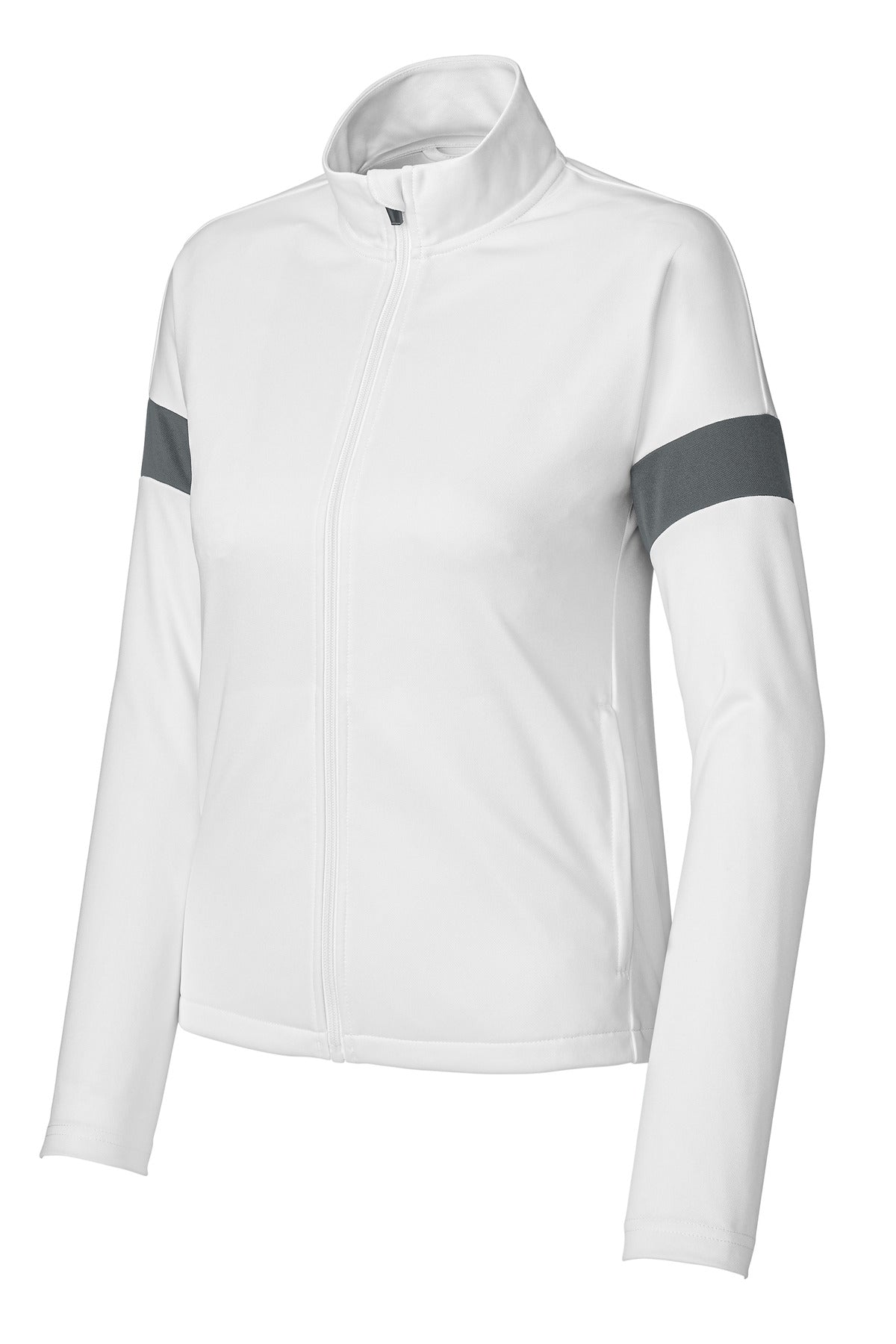 Front View of White/IrGy Sport-Tek Women's Travel Full-Zip Jacket LST800 plain
