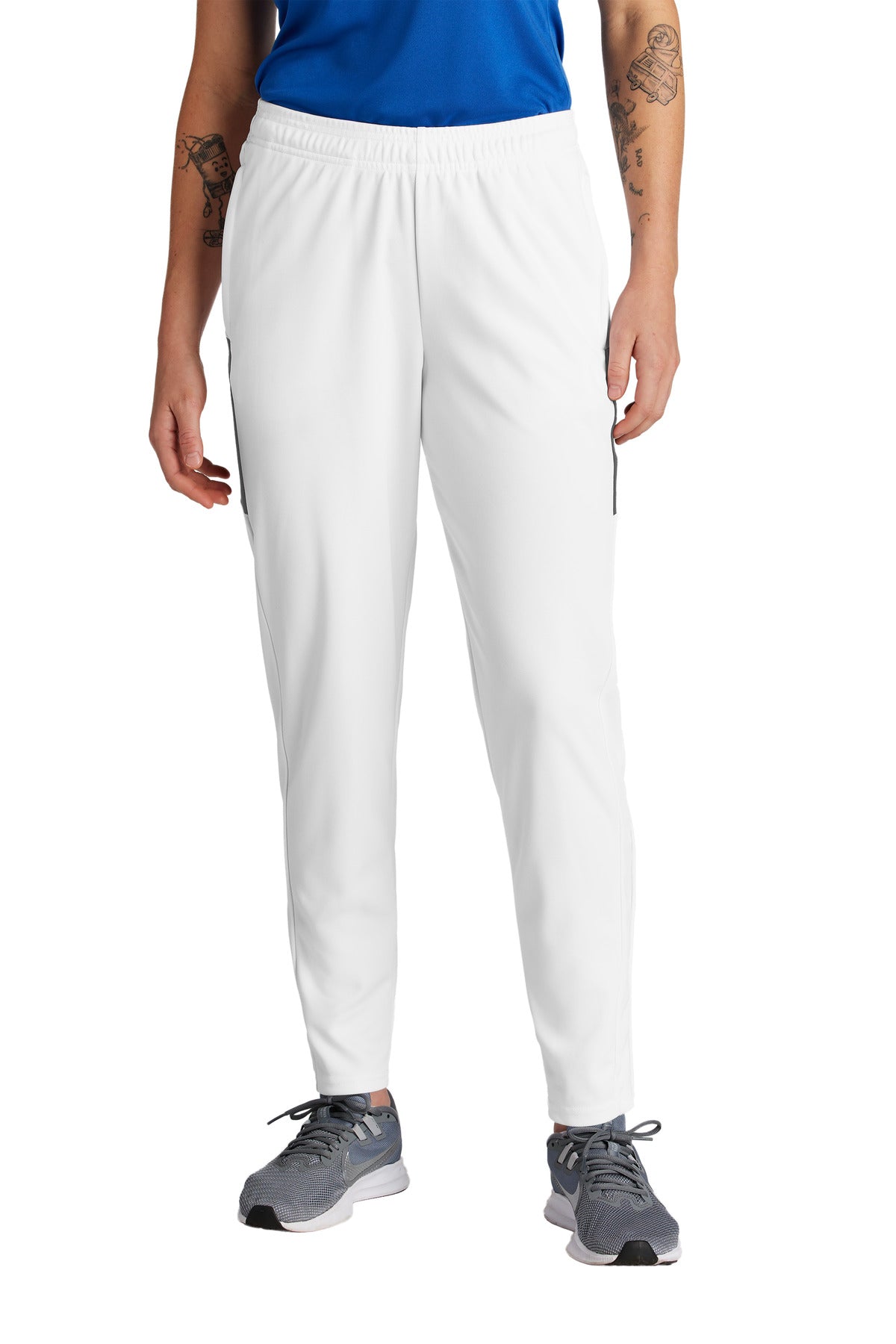 Front View of White/IrGy Sport-Tek Women's Travel Pant LPST800 plain