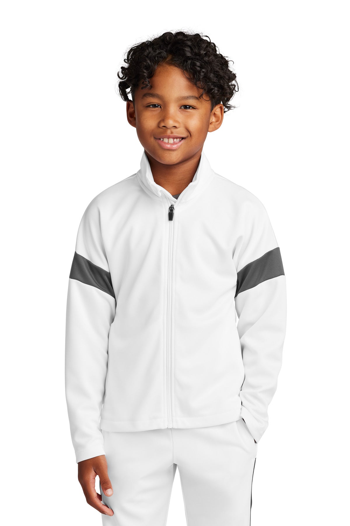 Front View of White/IrGy Sport-Tek Youth Travel Full-Zip Jacket YST800 plain