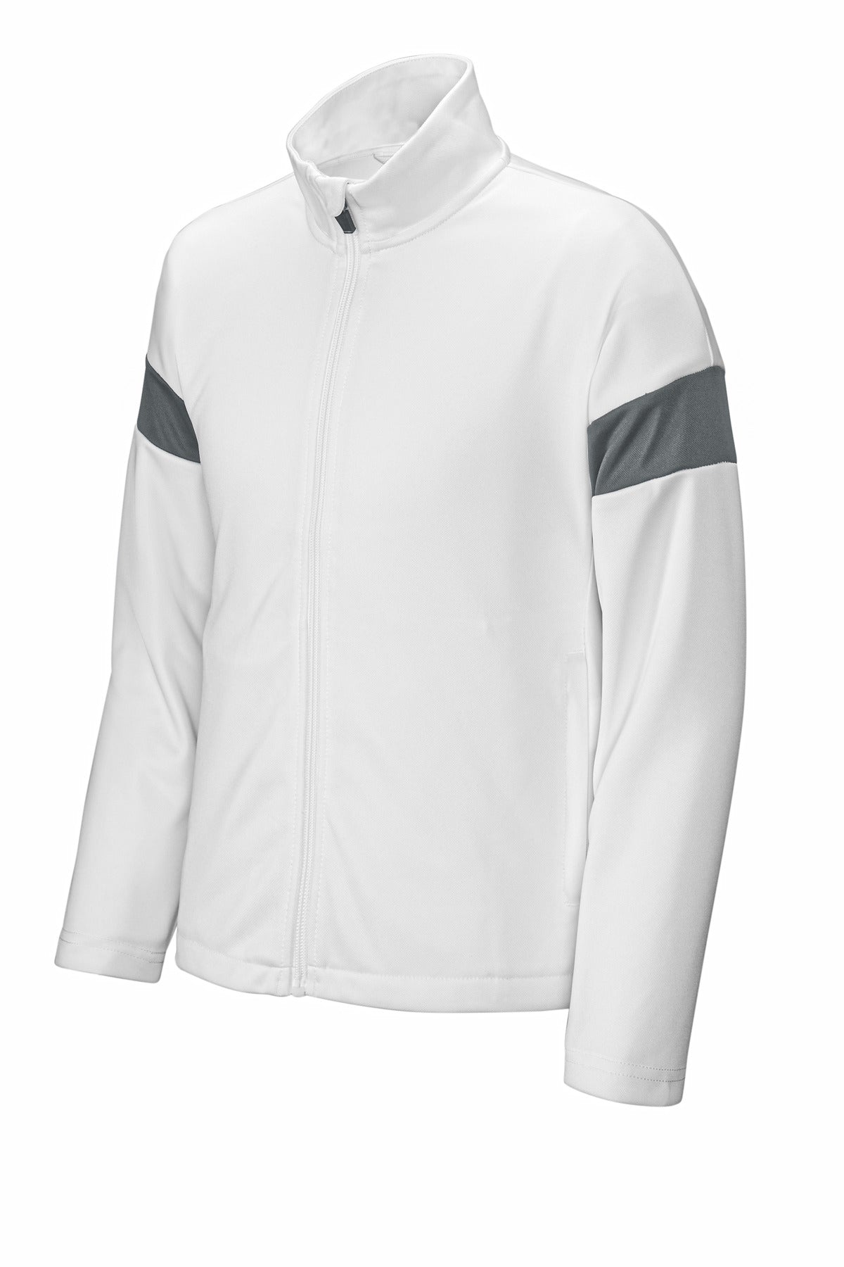 Front View of White/IrGy Sport-Tek Youth Travel Full-Zip Jacket YST800 plain