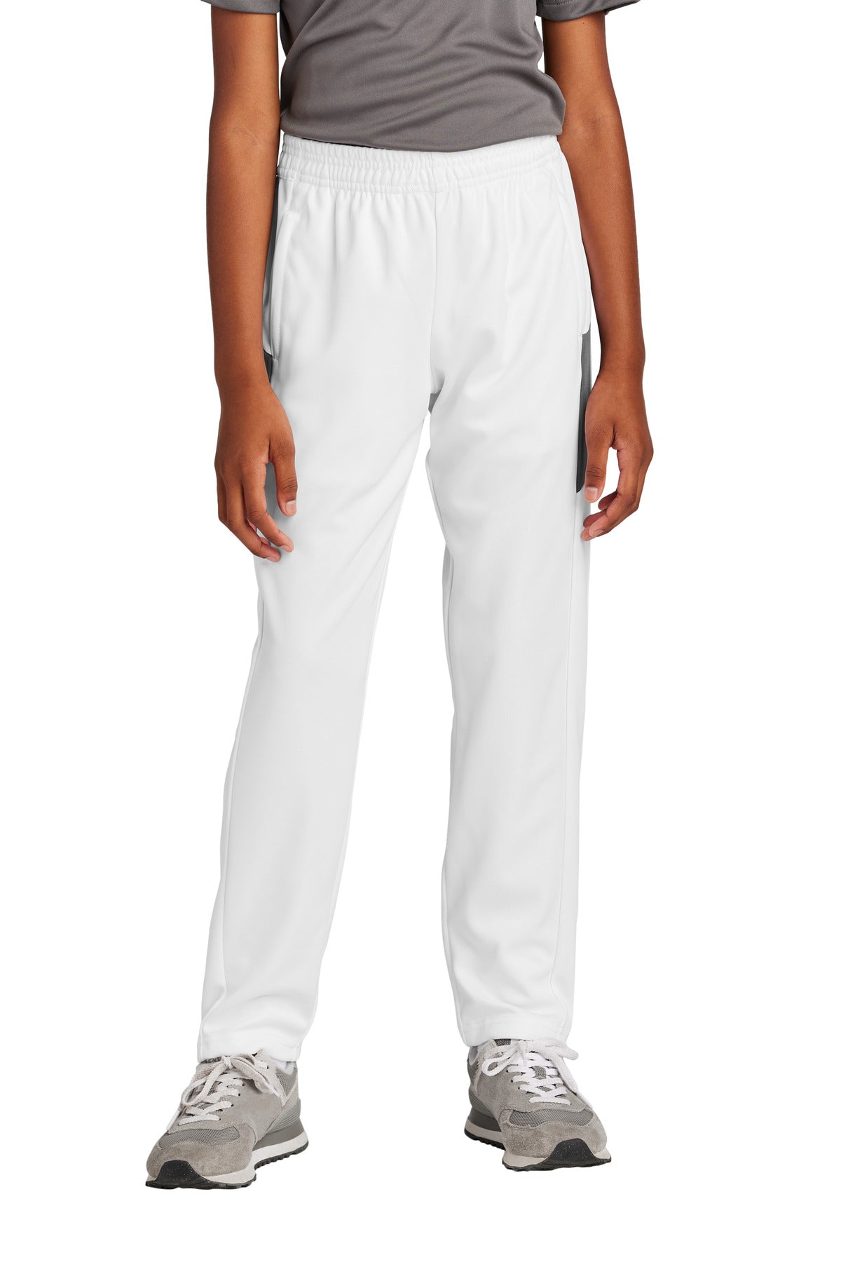 Front View of White/IrGy Sport-Tek Youth Travel Pant YPST800