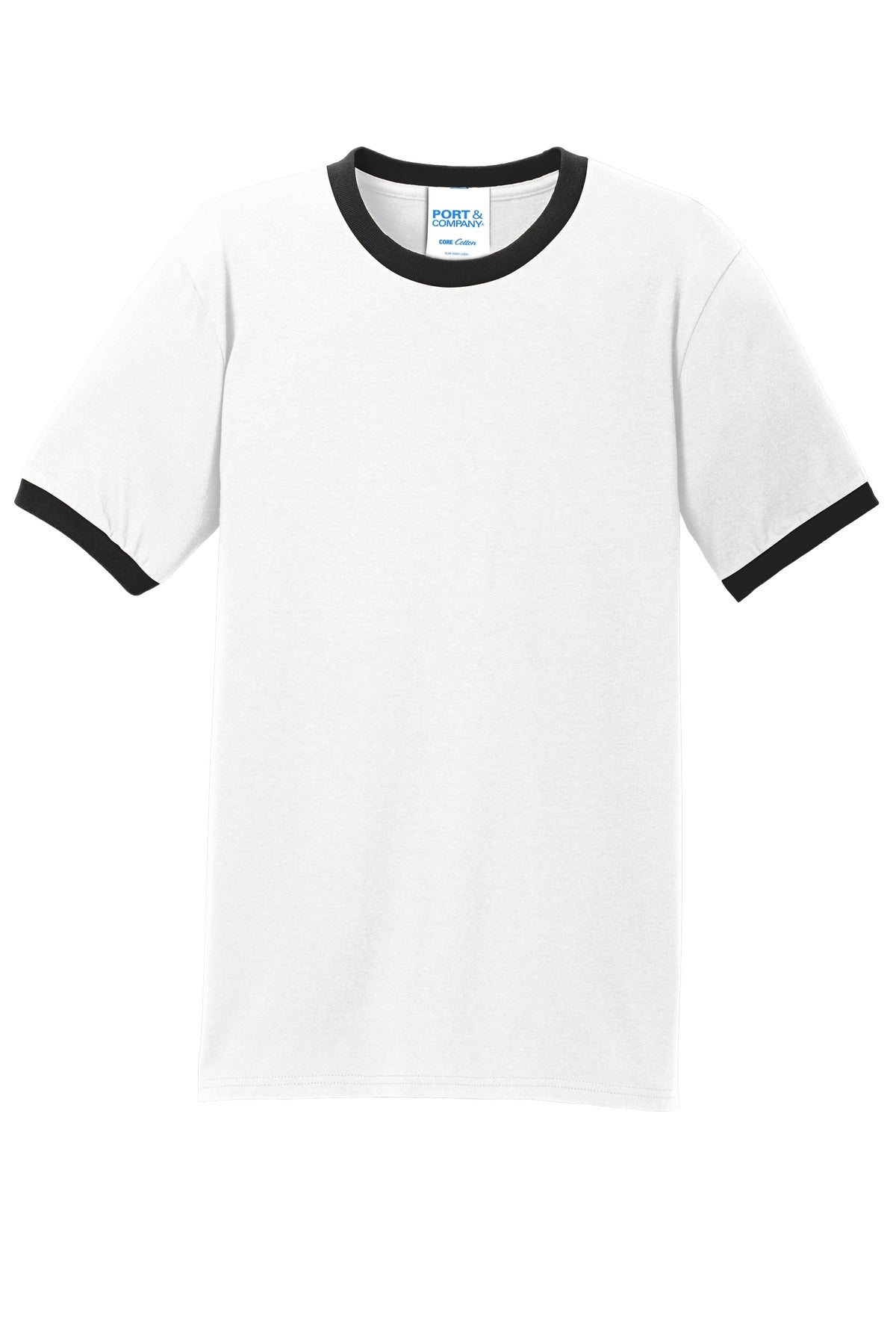 Front View of White/Jet Blk Port & Co Core Cotton Ringer Tee. PC54R plain
