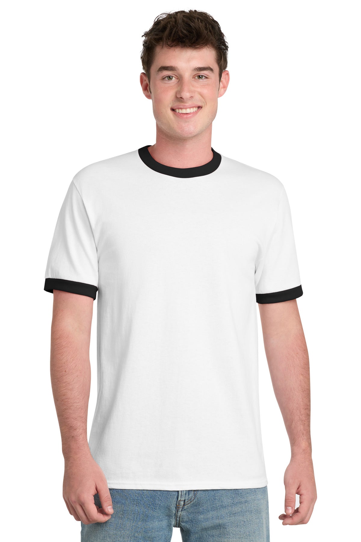 Front View of White/Jet Blk Port & Co Core Cotton Ringer Tee. PC54R plain