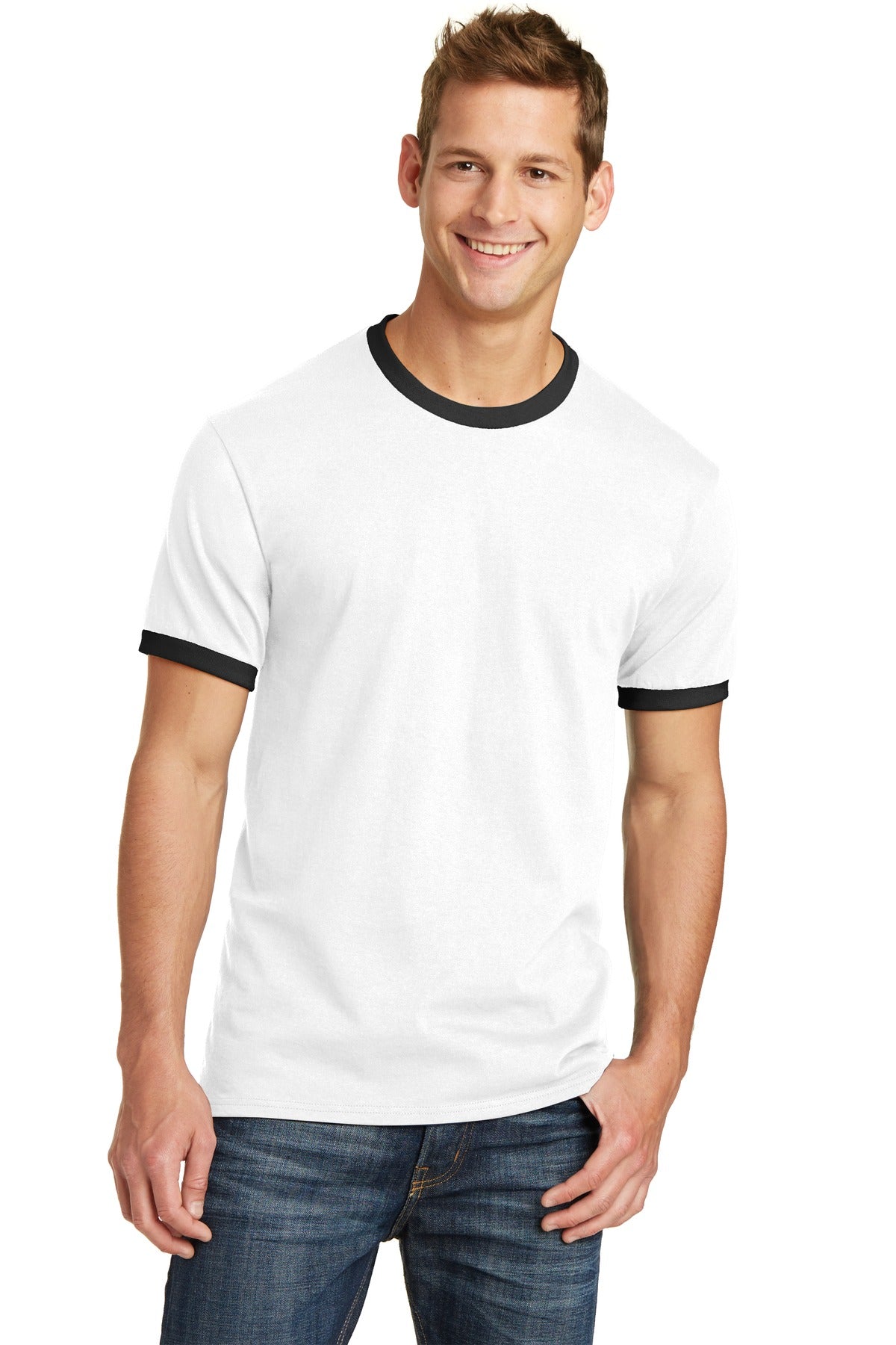 Front View of White/Jet Blk Port & Co Core Cotton Ringer Tee. PC54R plain