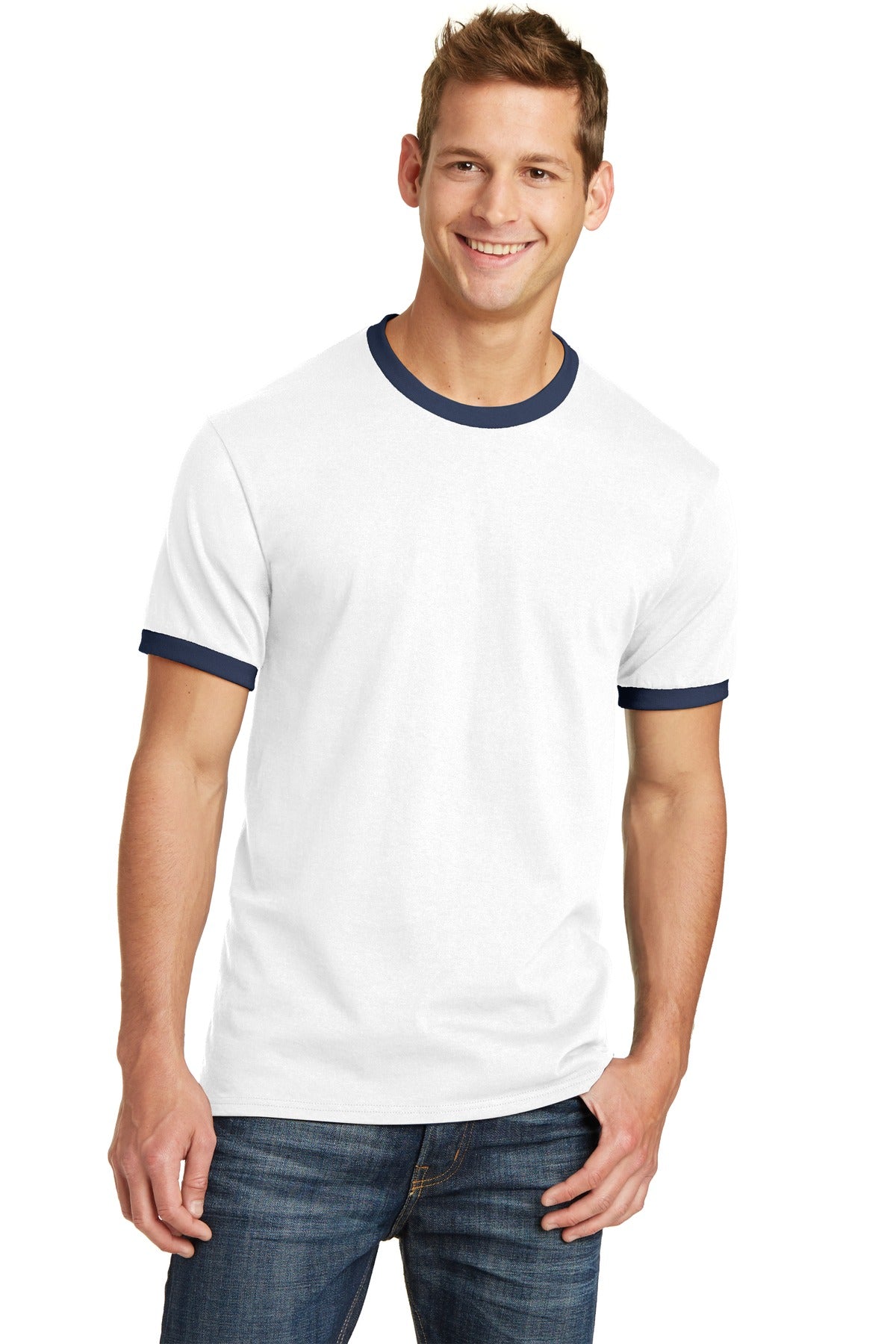 Front View of White/Navy Port & Co Core Cotton Ringer Tee. PC54R plain