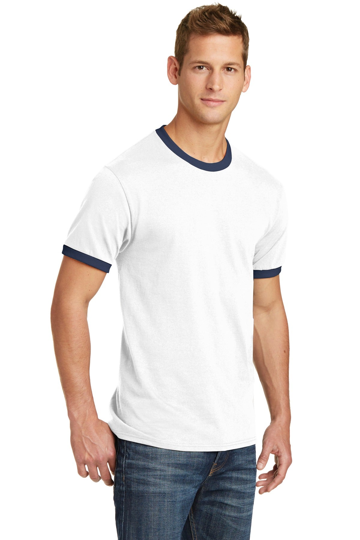 Front View of White/Navy Port & Co Core Cotton Ringer Tee. PC54R plain
