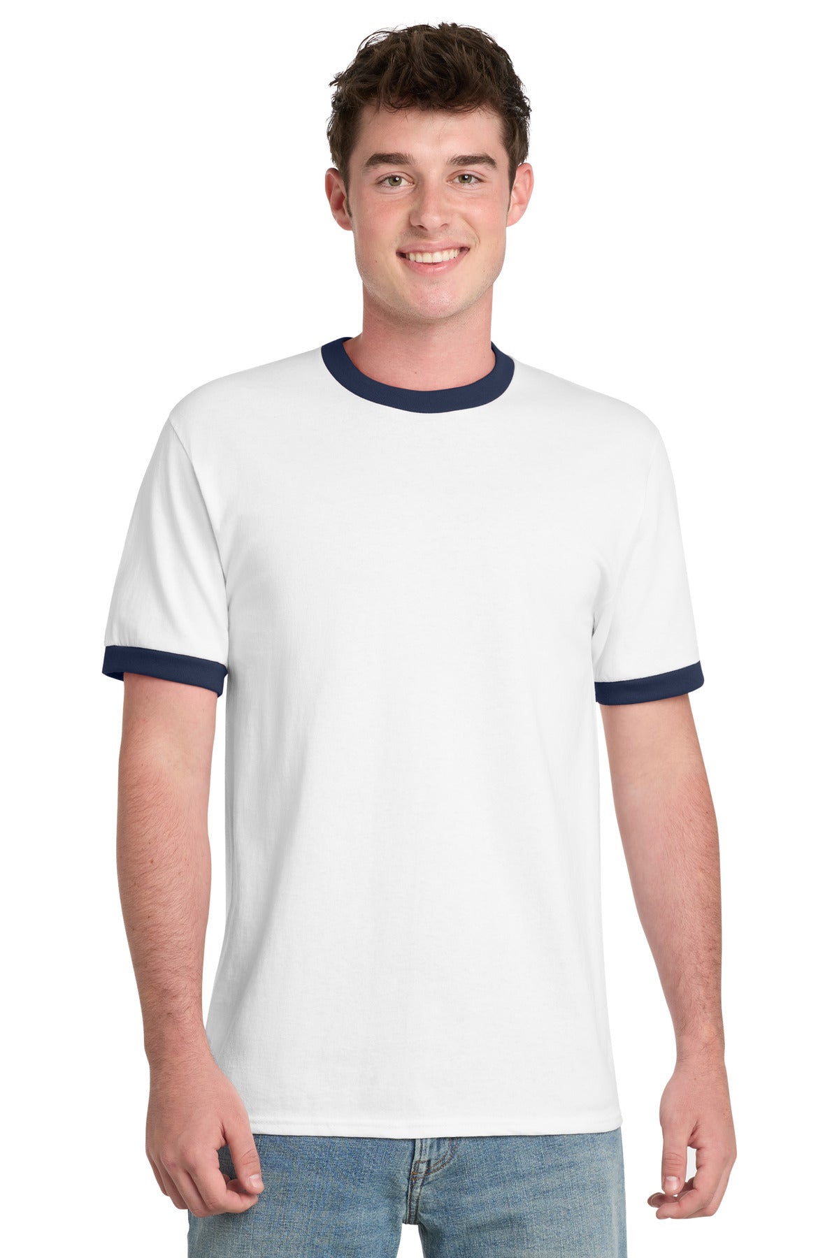 Front View of White/Navy Port & Co Core Cotton Ringer Tee. PC54R plain