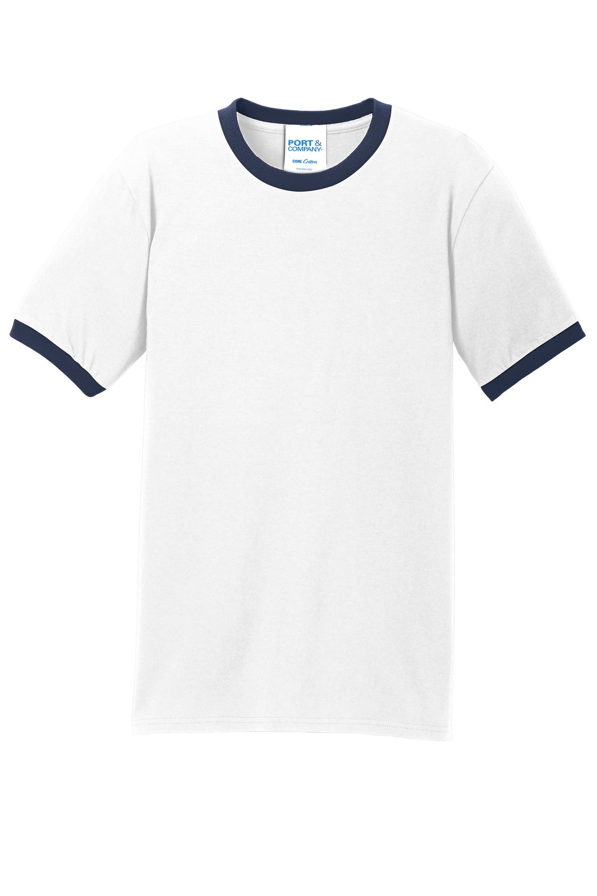 Front View of White/Navy Port & Co Core Cotton Ringer Tee. PC54R plain