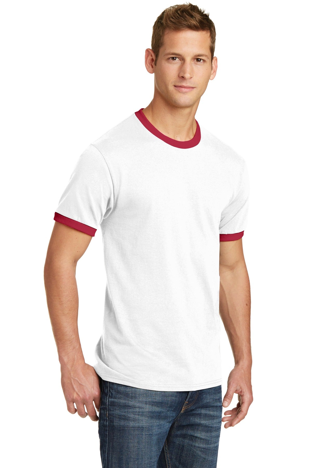 Front View of White/Red Port & Co Core Cotton Ringer Tee. PC54R plain