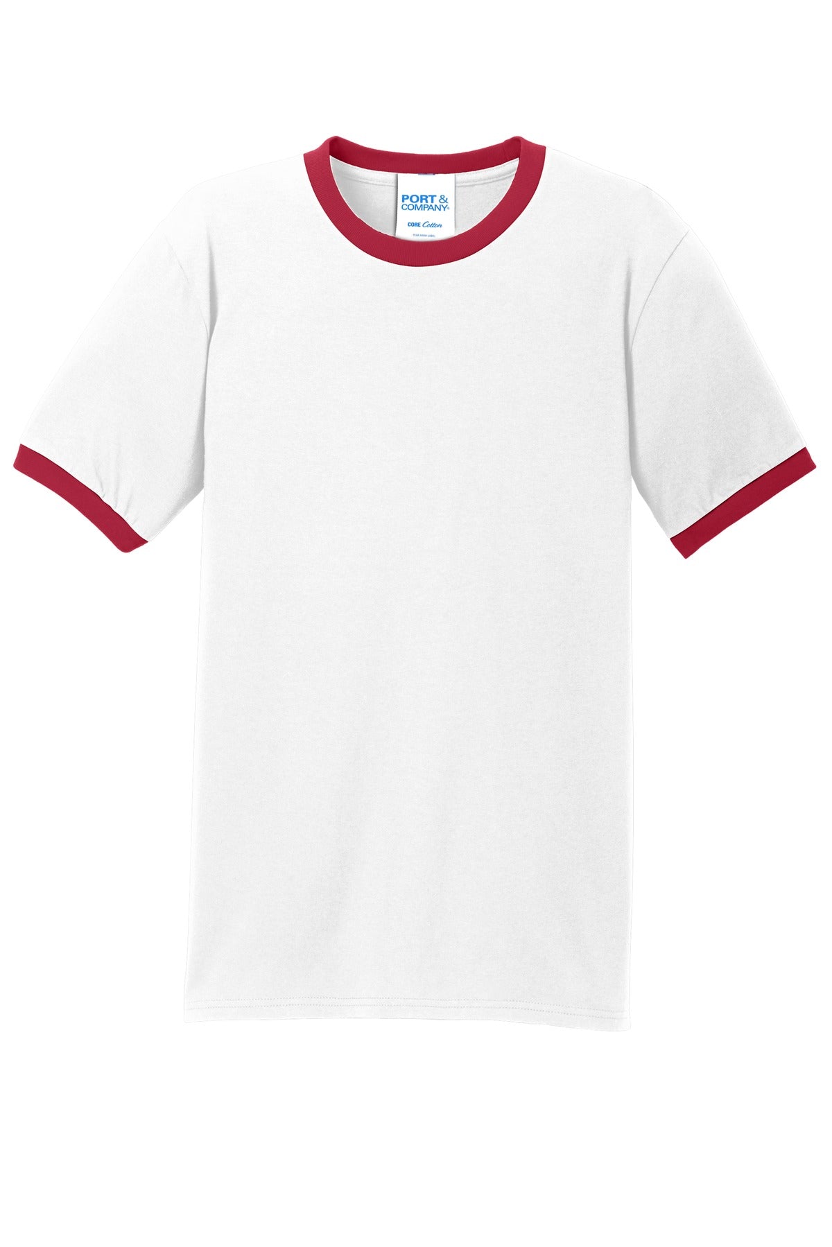 Front View of White/Red Port & Co Core Cotton Ringer Tee. PC54R plain