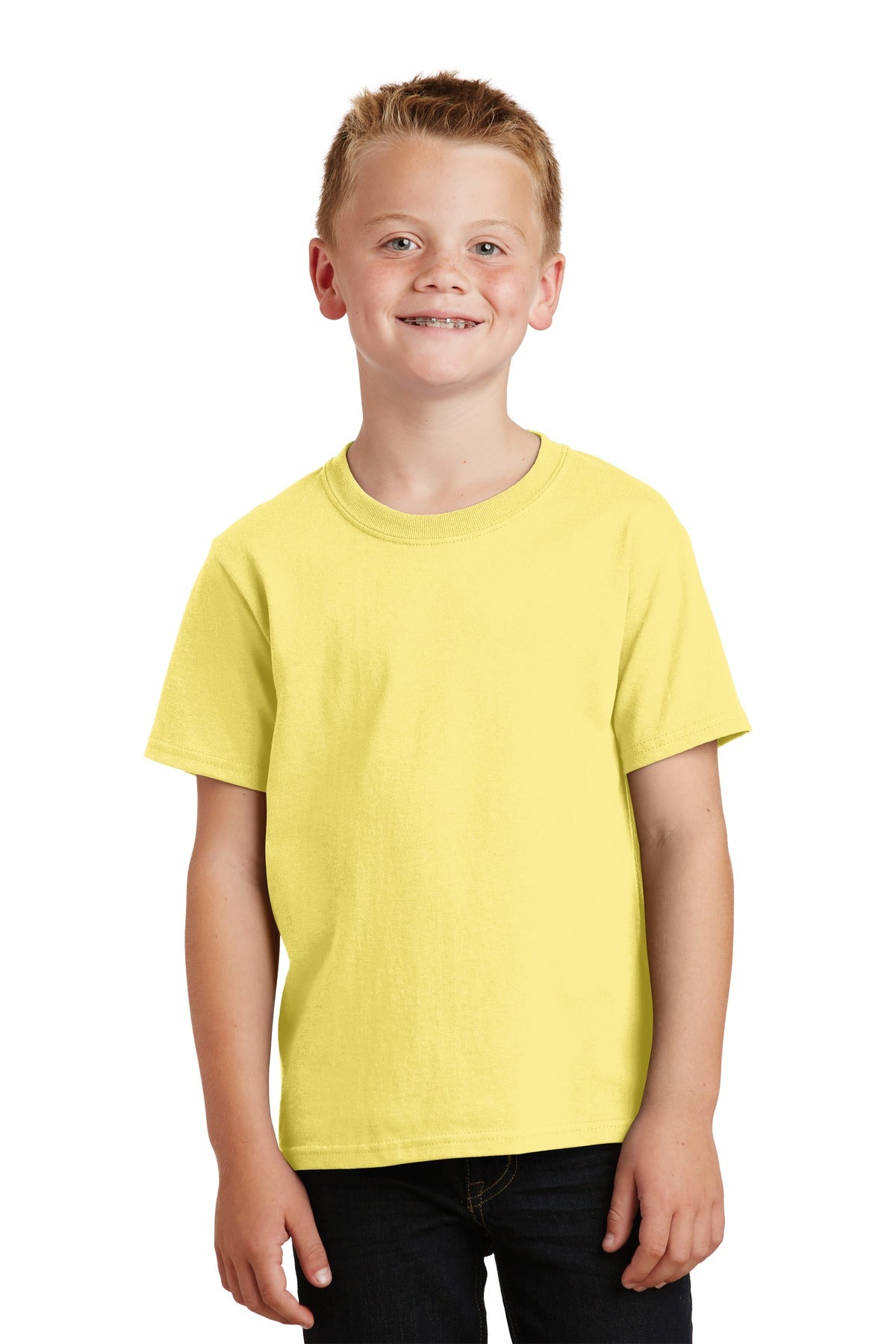 Front View of Yellow Port & Co Youth Core Cotton Tee. PC54Y plain