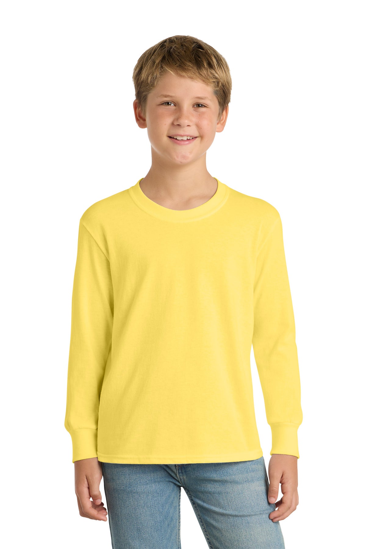 Front View of Yellow Port & Co Youth Long Sleeve Core Cotton Tee. PC54YLS plain