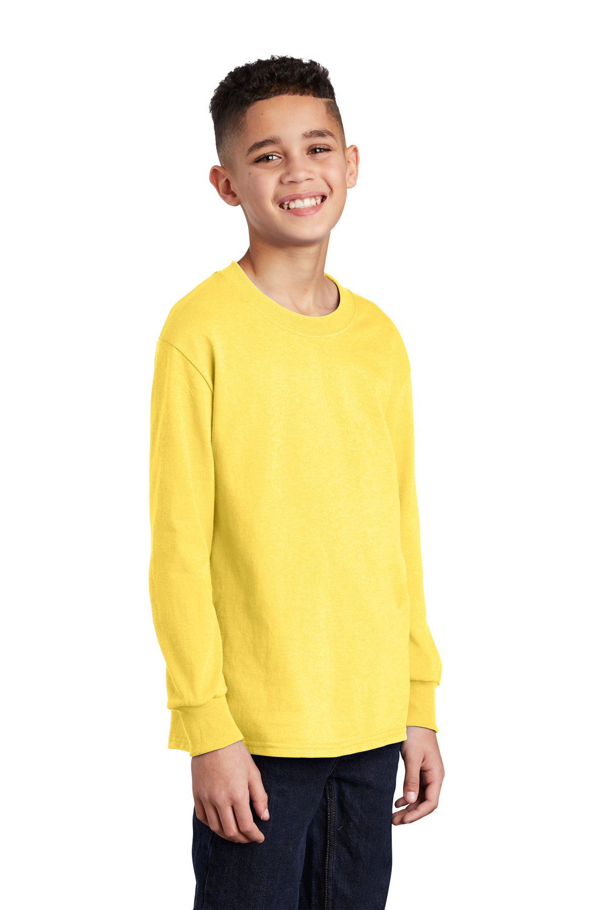 Front View of Yellow Port & Co Youth Long Sleeve Core Cotton Tee. PC54YLS plain
