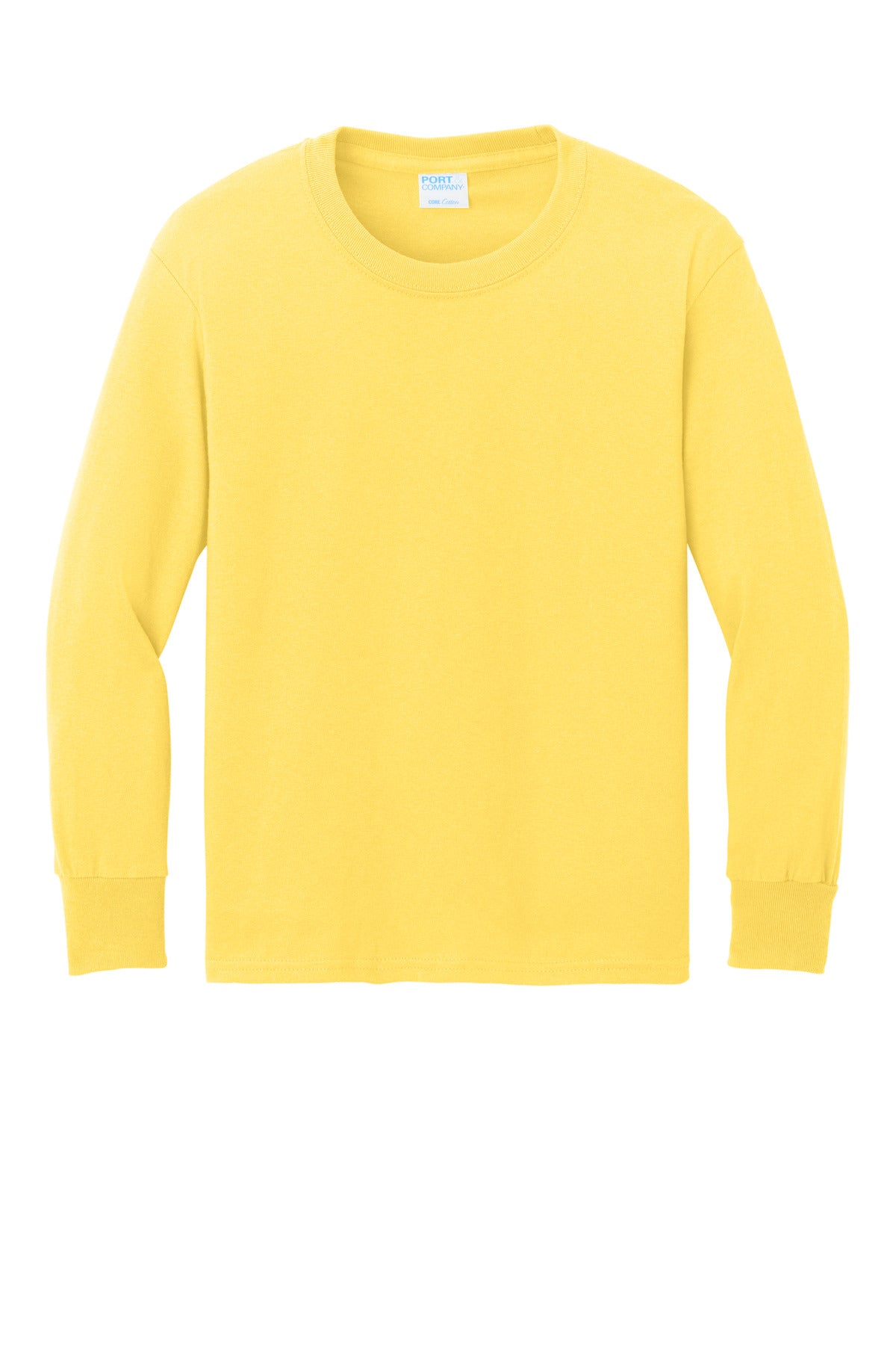Front View of Yellow Port & Co Youth Long Sleeve Core Cotton Tee. PC54YLS plain