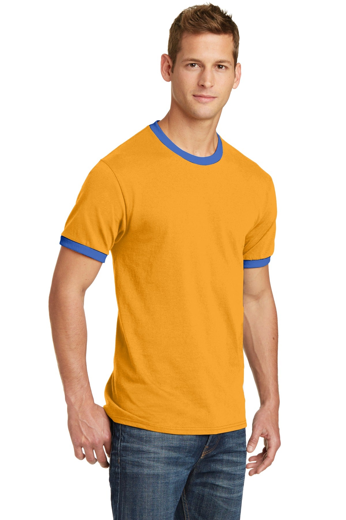 Gold/Royal Port & Co Core Cotton Ringer Tee. PC54R plain