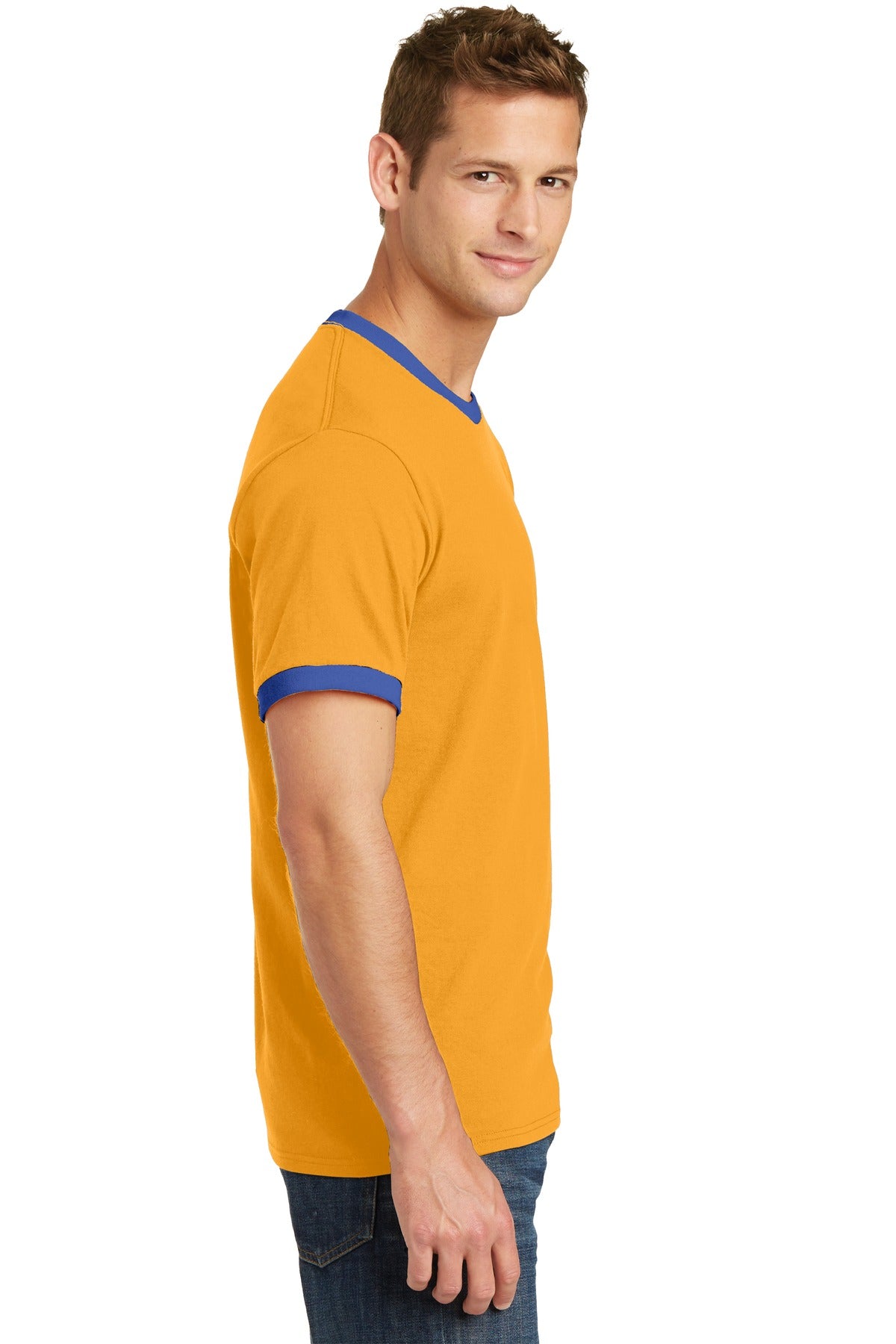 Gold/Royal Port & Co Core Cotton Ringer Tee. PC54R