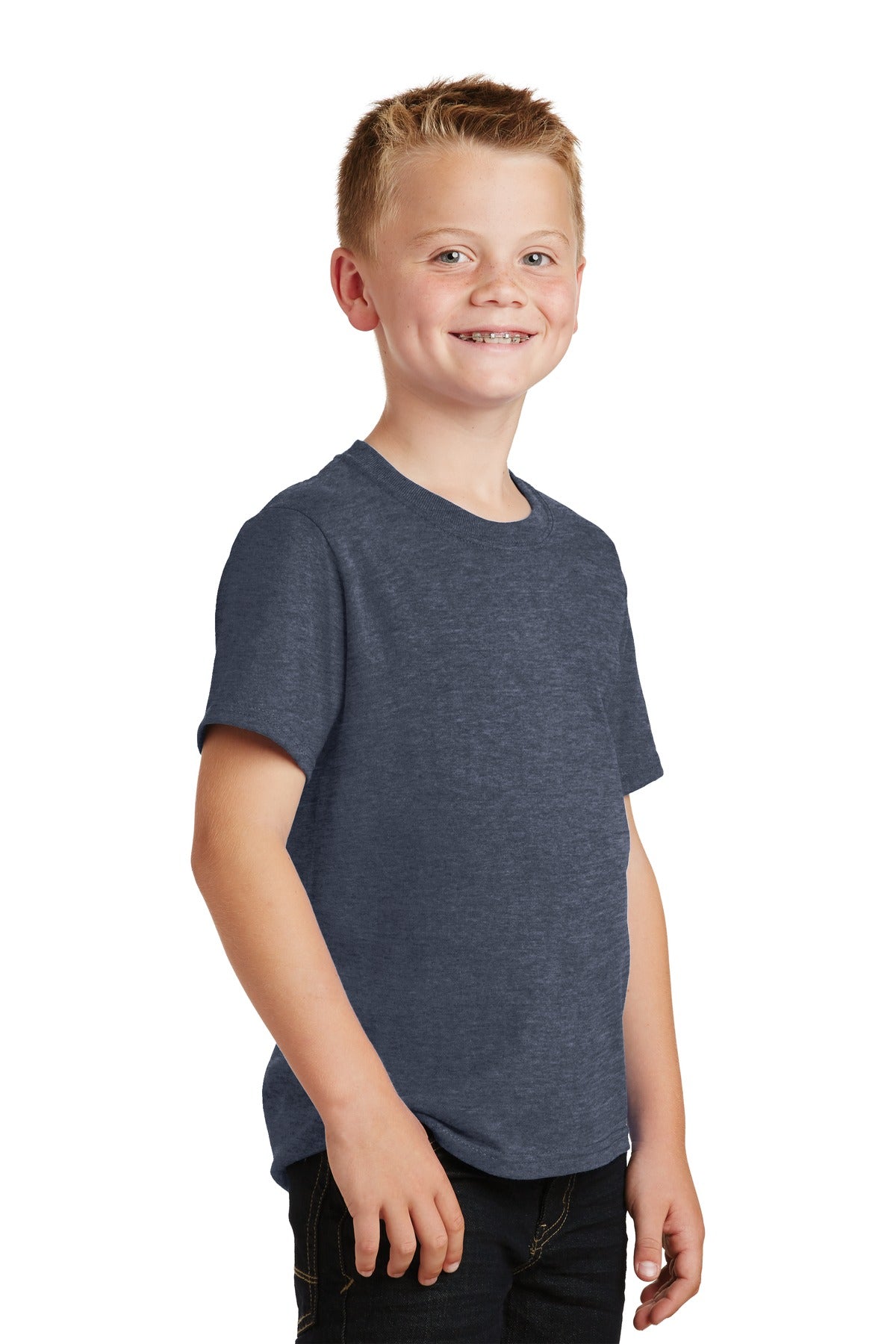 Heather Navy Port & Co Youth Core Cotton Tee. PC54Y plain