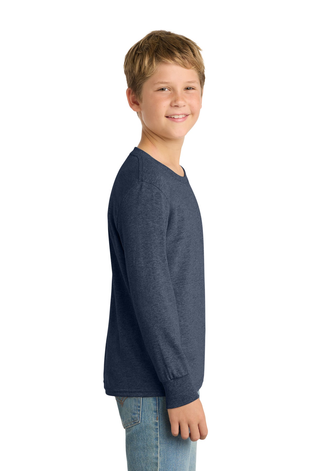 Heather Navy Port & Co Youth Long Sleeve Core Cotton Tee. PC54YLS plain