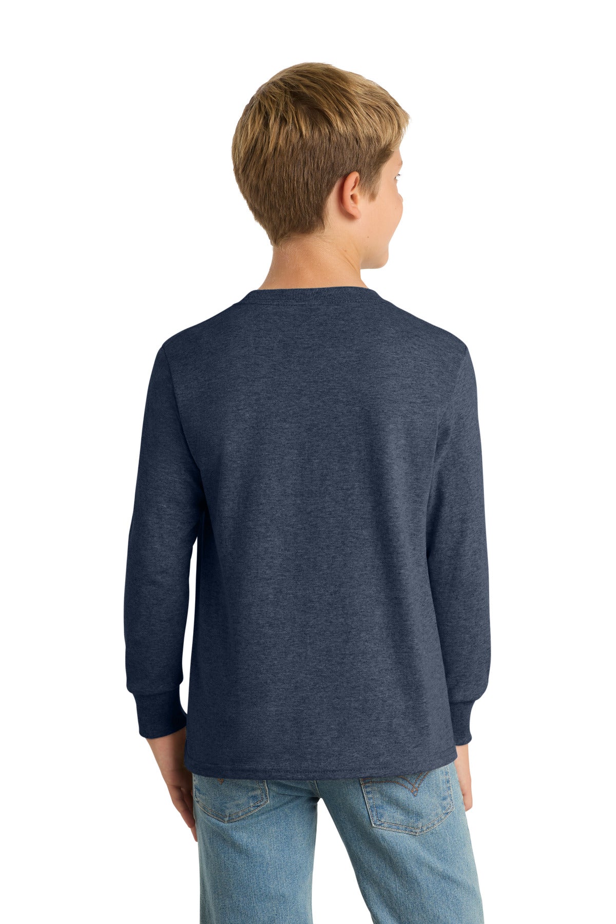 Heather Navy Port & Co Youth Long Sleeve Core Cotton Tee. PC54YLS plain