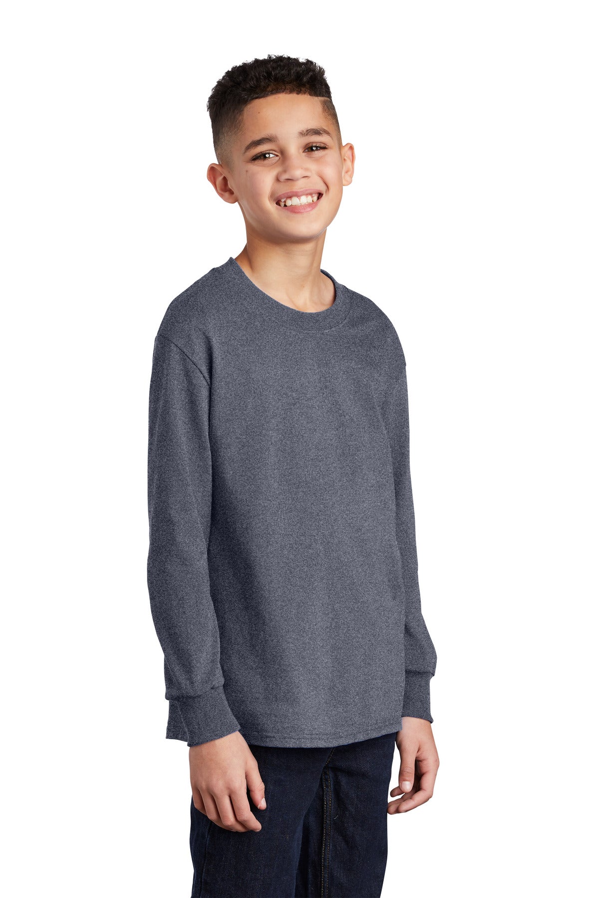Heather Navy Port & Co Youth Long Sleeve Core Cotton Tee. PC54YLS