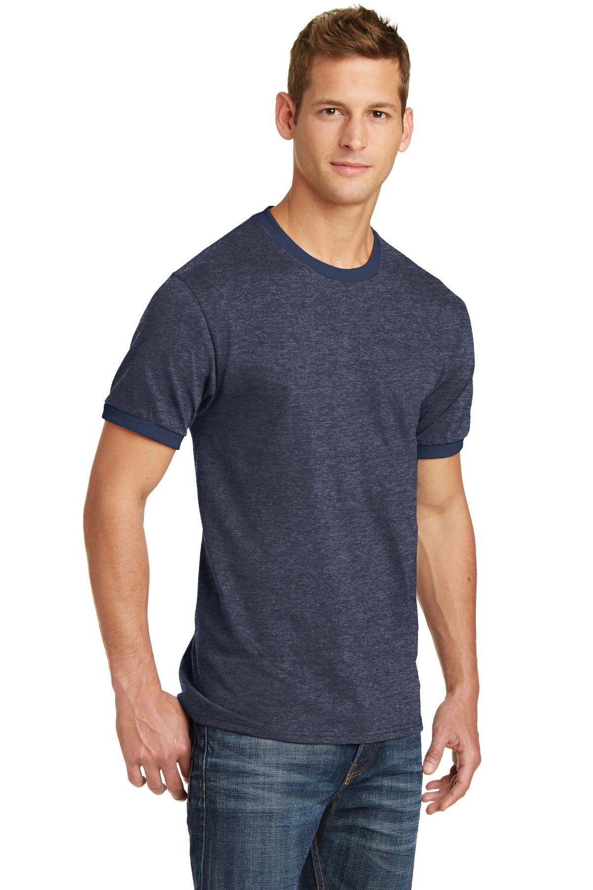 Hthr Navy/Navy Port & Co Core Cotton Ringer Tee. PC54R plain