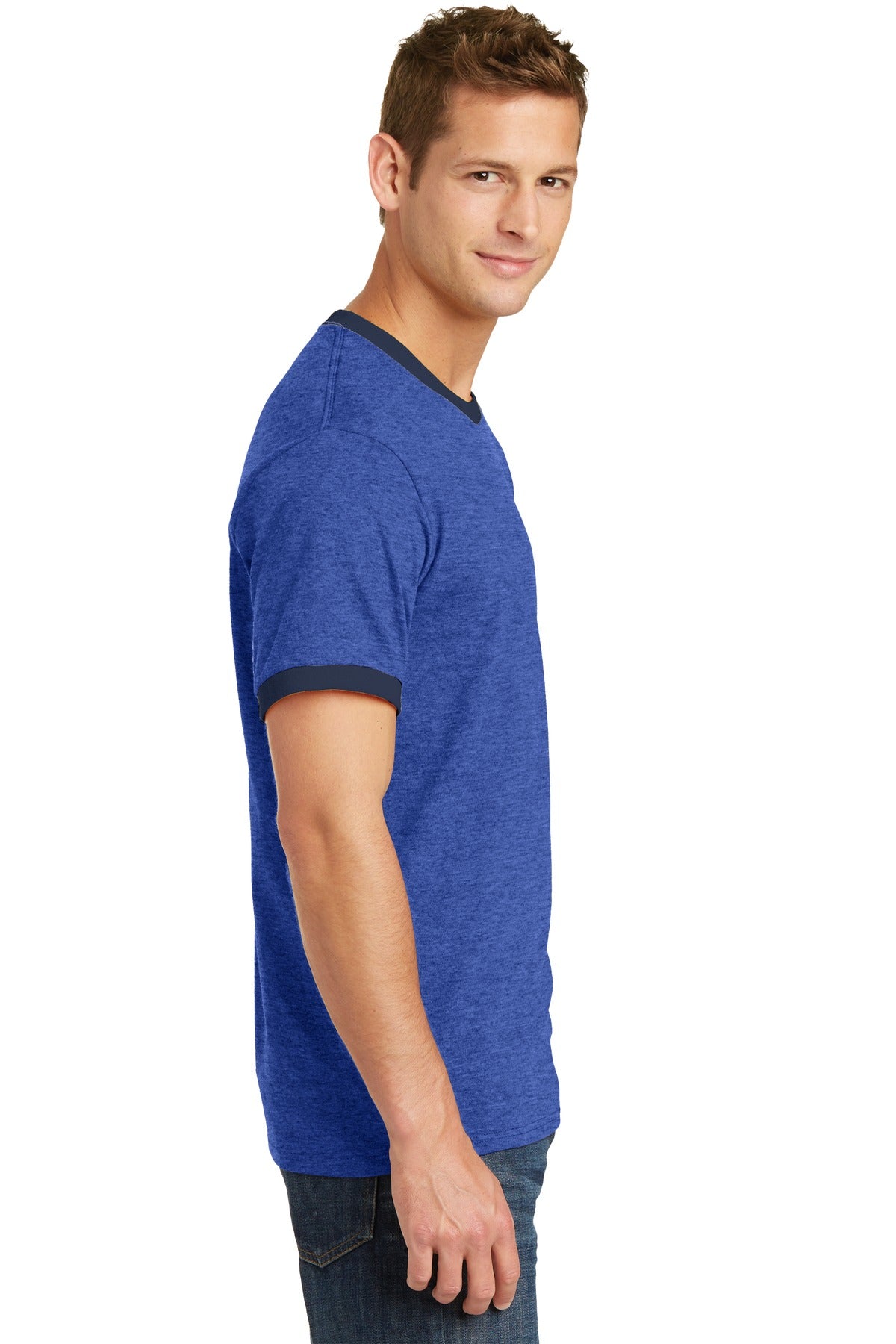 Hthr Royal/Nvy Port & Co Core Cotton Ringer Tee. PC54R plain