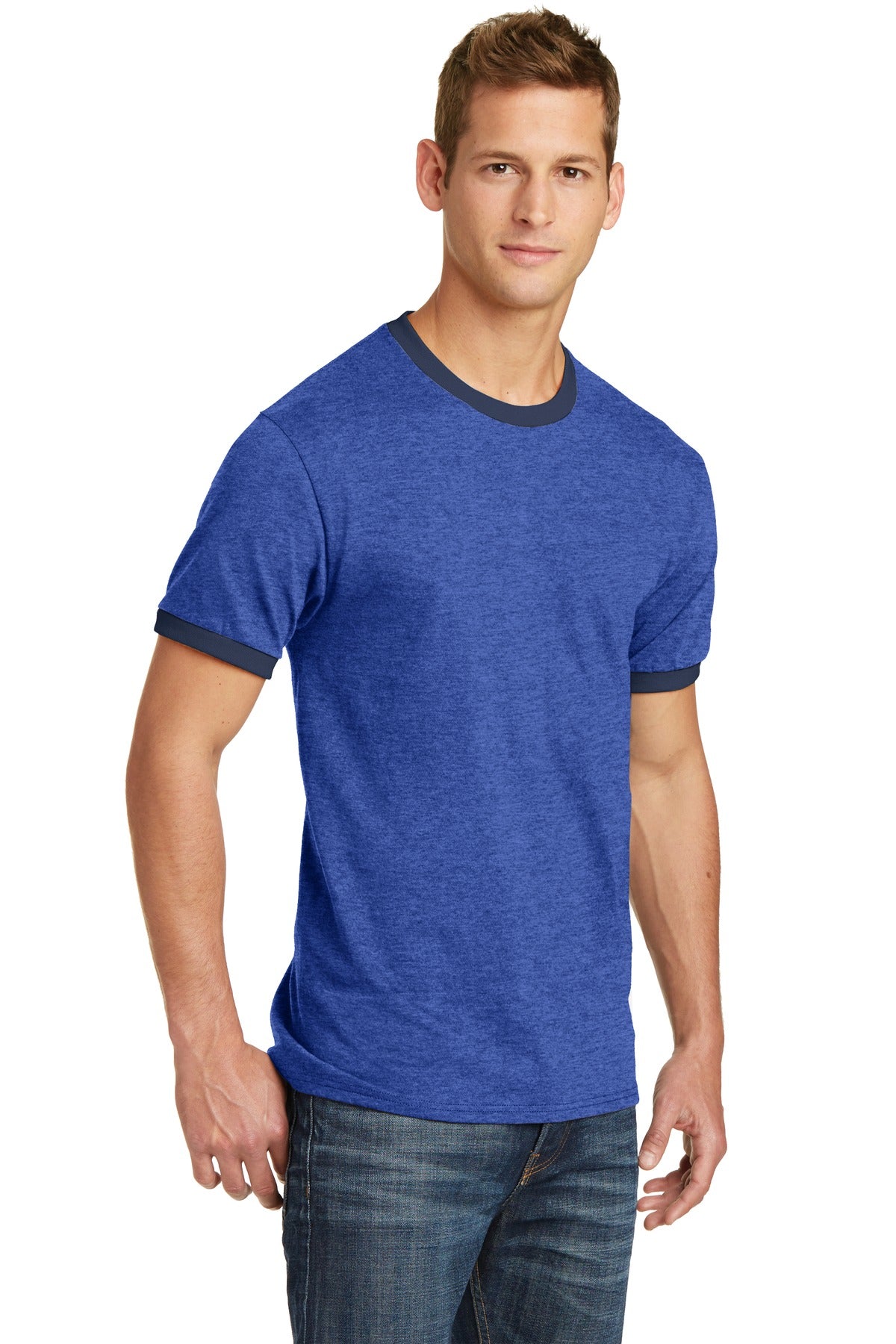 Hthr Royal/Nvy Port & Co Core Cotton Ringer Tee. PC54R plain