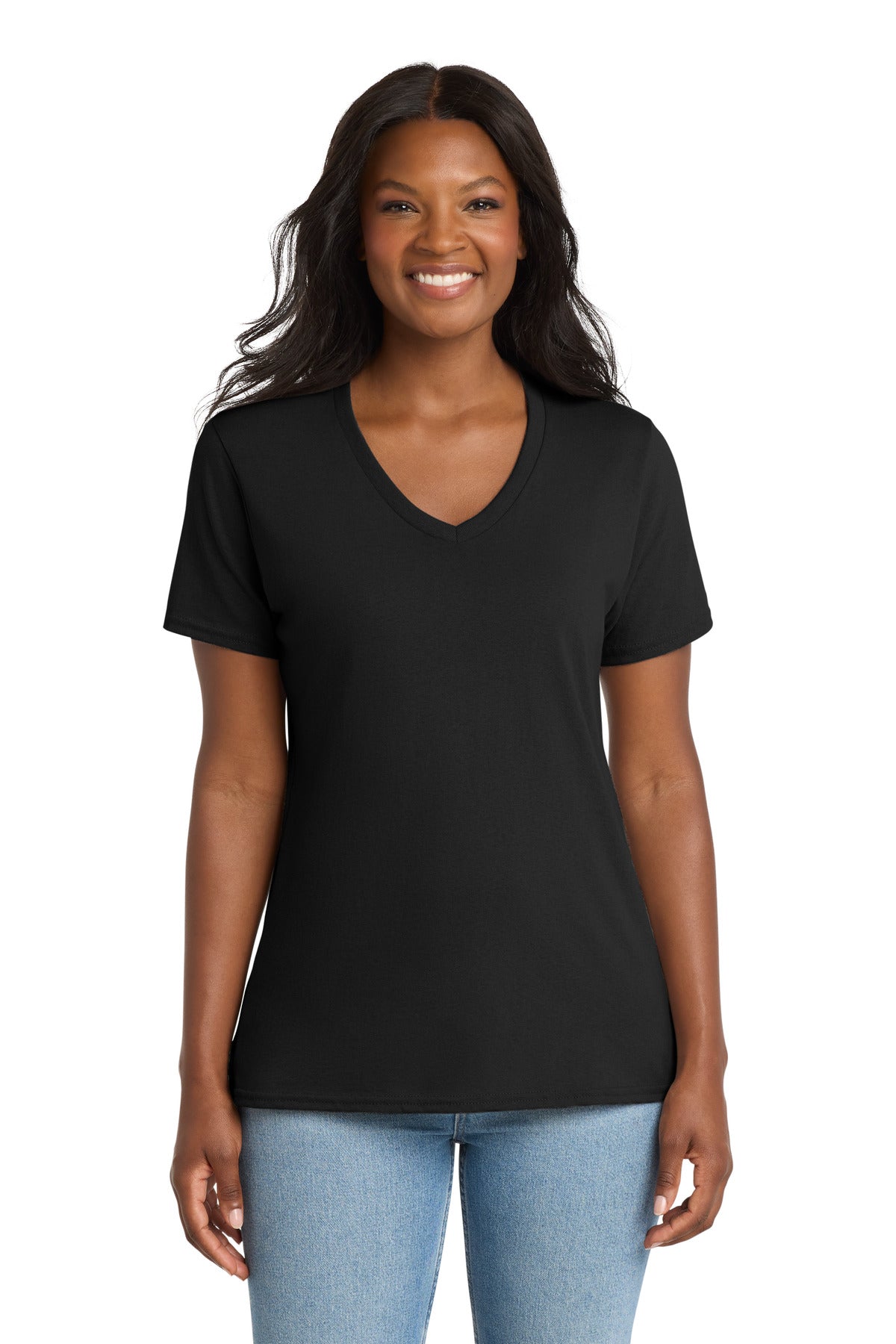 Jet Black Port & Co Women's Core Cotton V-Neck Tee. LPC54V plain