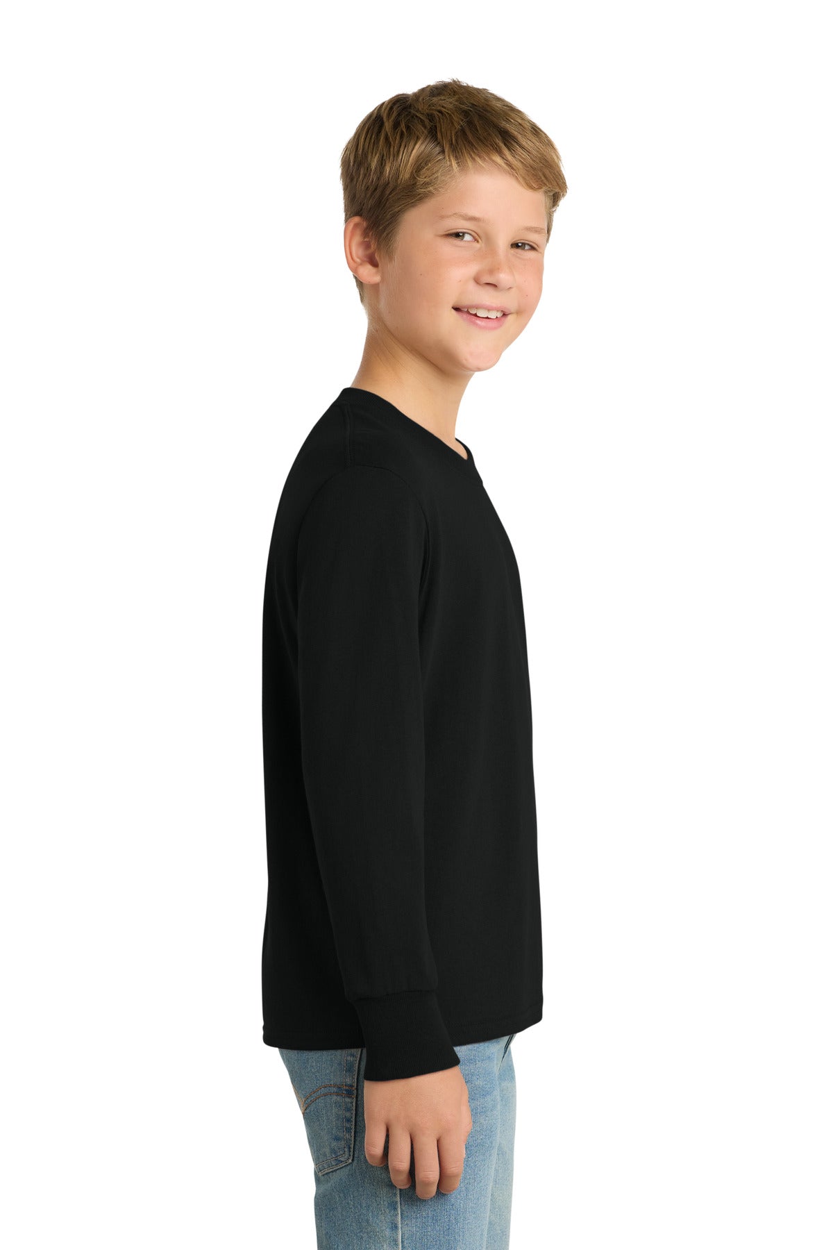 Jet Black Port & Co Youth Long Sleeve Core Cotton Tee. PC54YLS plain