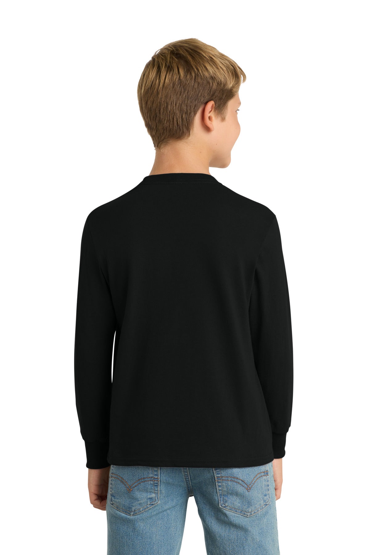 Jet Black Port & Co Youth Long Sleeve Core Cotton Tee. PC54YLS plain