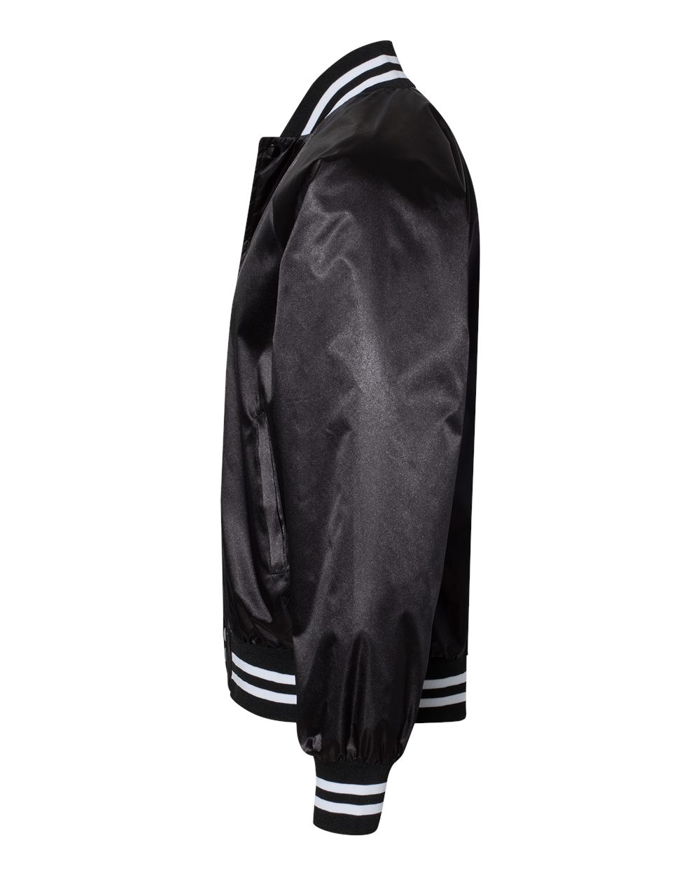 Left View of Black/ White Satin Baseball Jacket Striped Trim - 3610