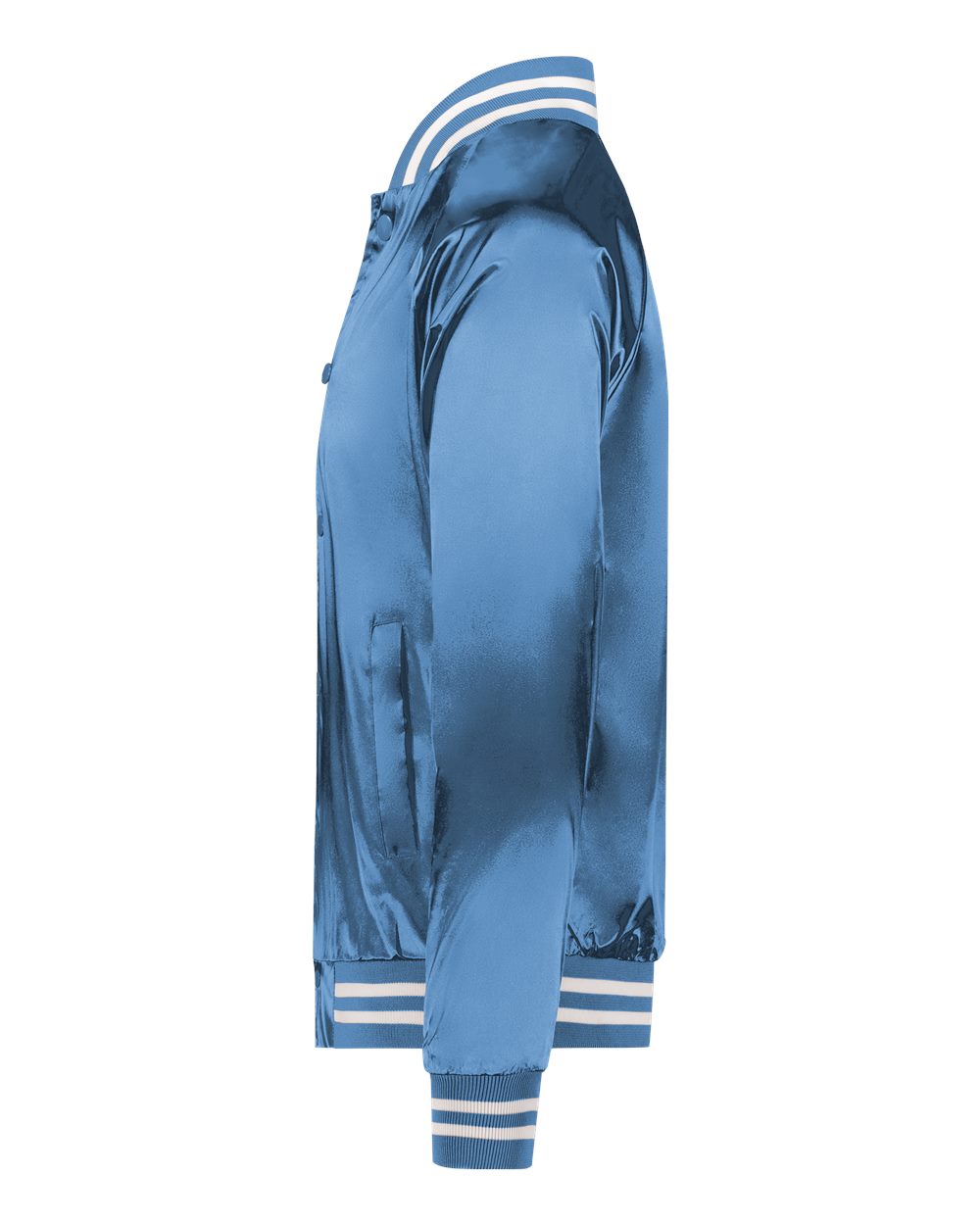 Left View of Columbia Blue/ White Satin Baseball Jacket Striped Trim - 3610