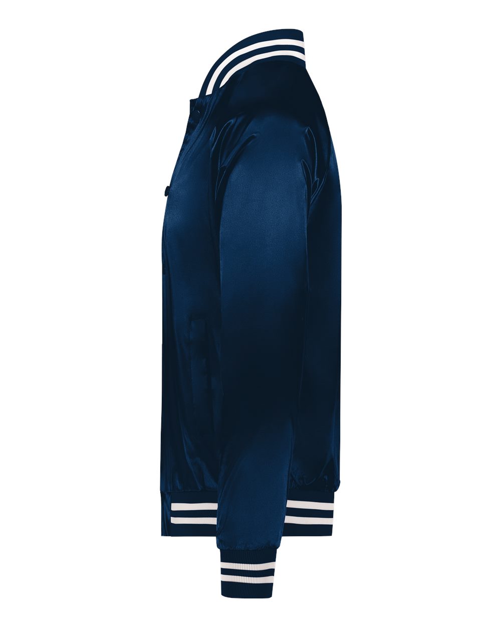 Left View of Navy/ White Satin Baseball Jacket Striped Trim - 3610 plain