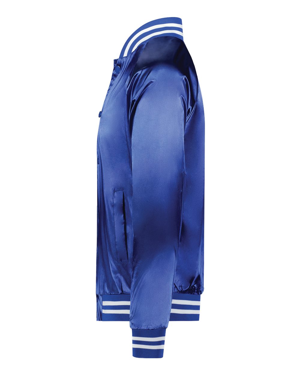Left View of Royal/ White Satin Baseball Jacket Striped Trim - 3610 plain