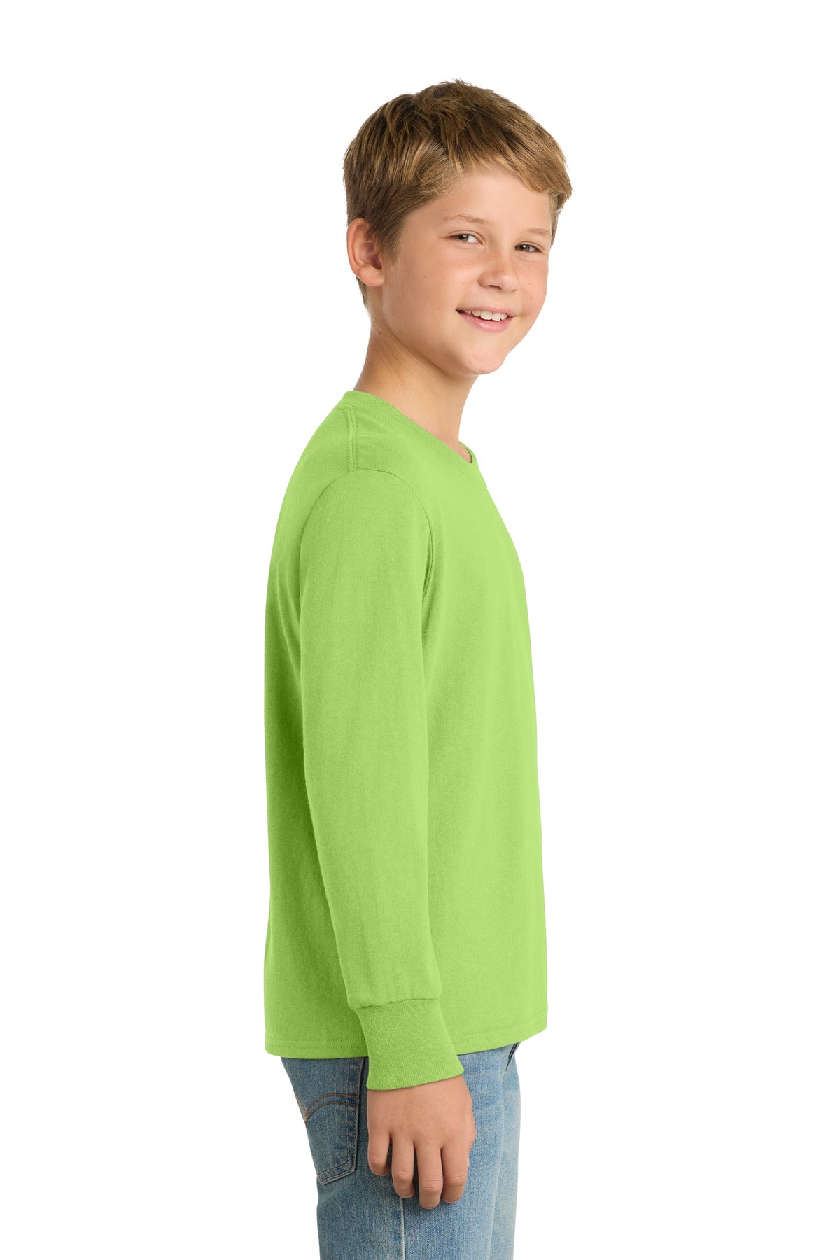Lime Port & Co Youth Long Sleeve Core Cotton Tee. PC54YLS plain