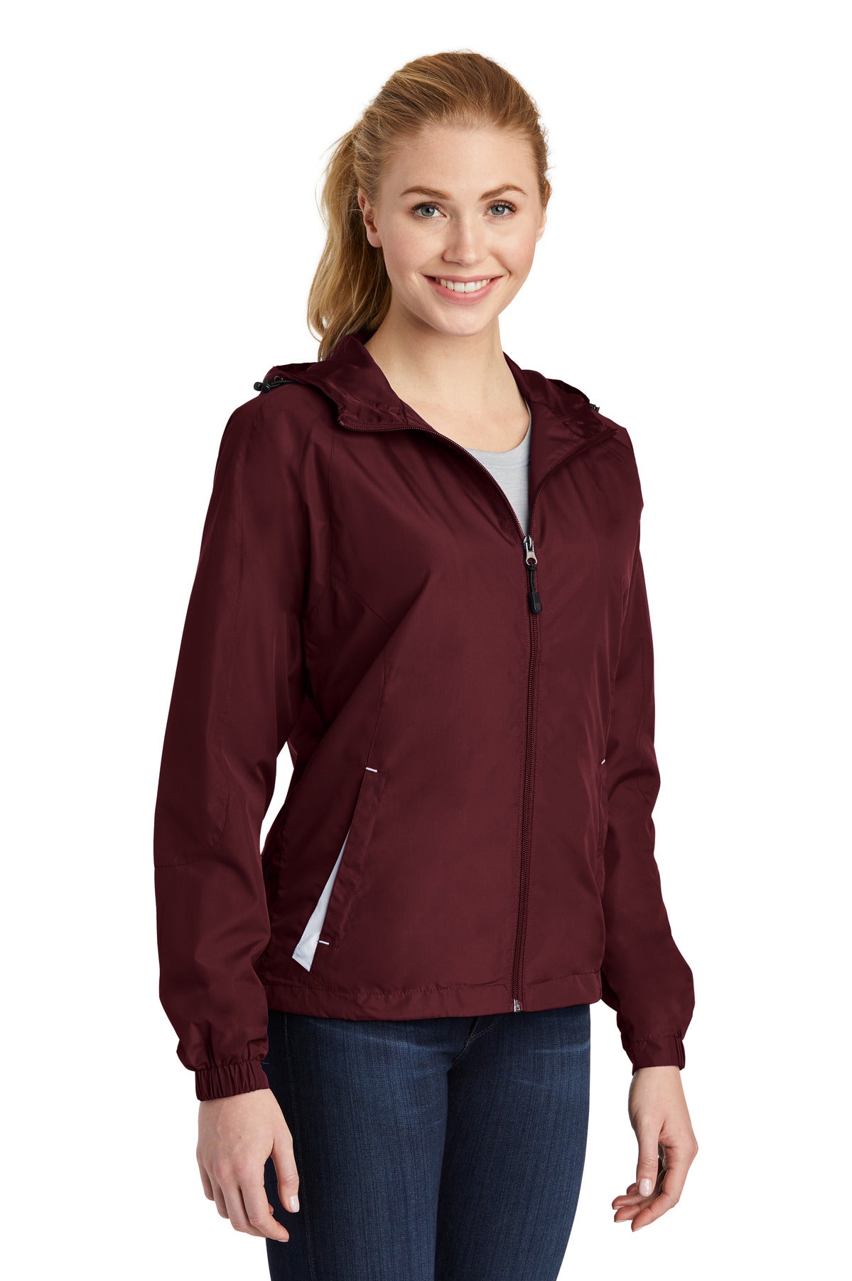 Maroon/White Sport-Tek Women's Colorblock Hooded Raglan Jacket. LST76 plain