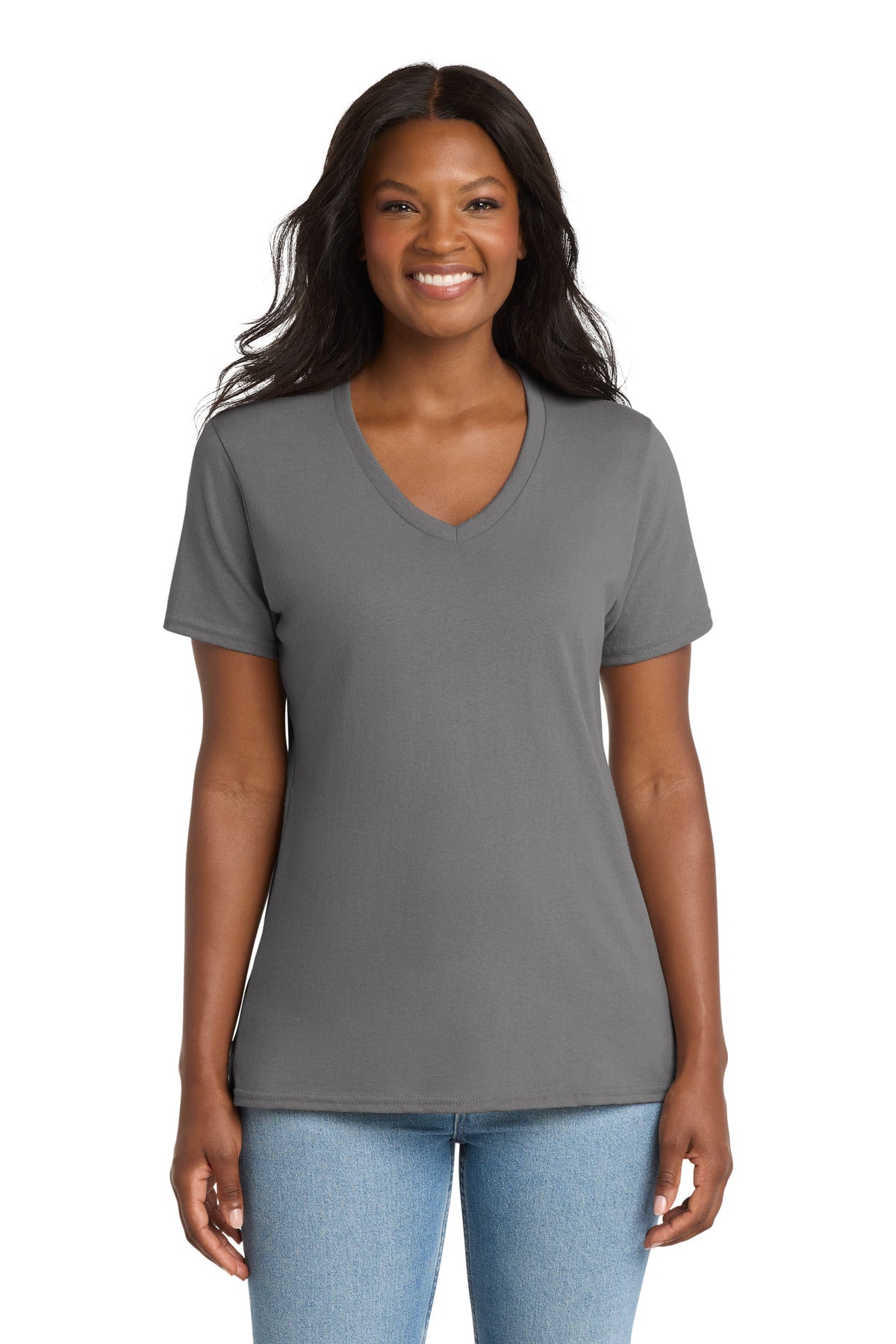 Medium Grey Port & Co Women's Core Cotton V-Neck Tee. LPC54V plain