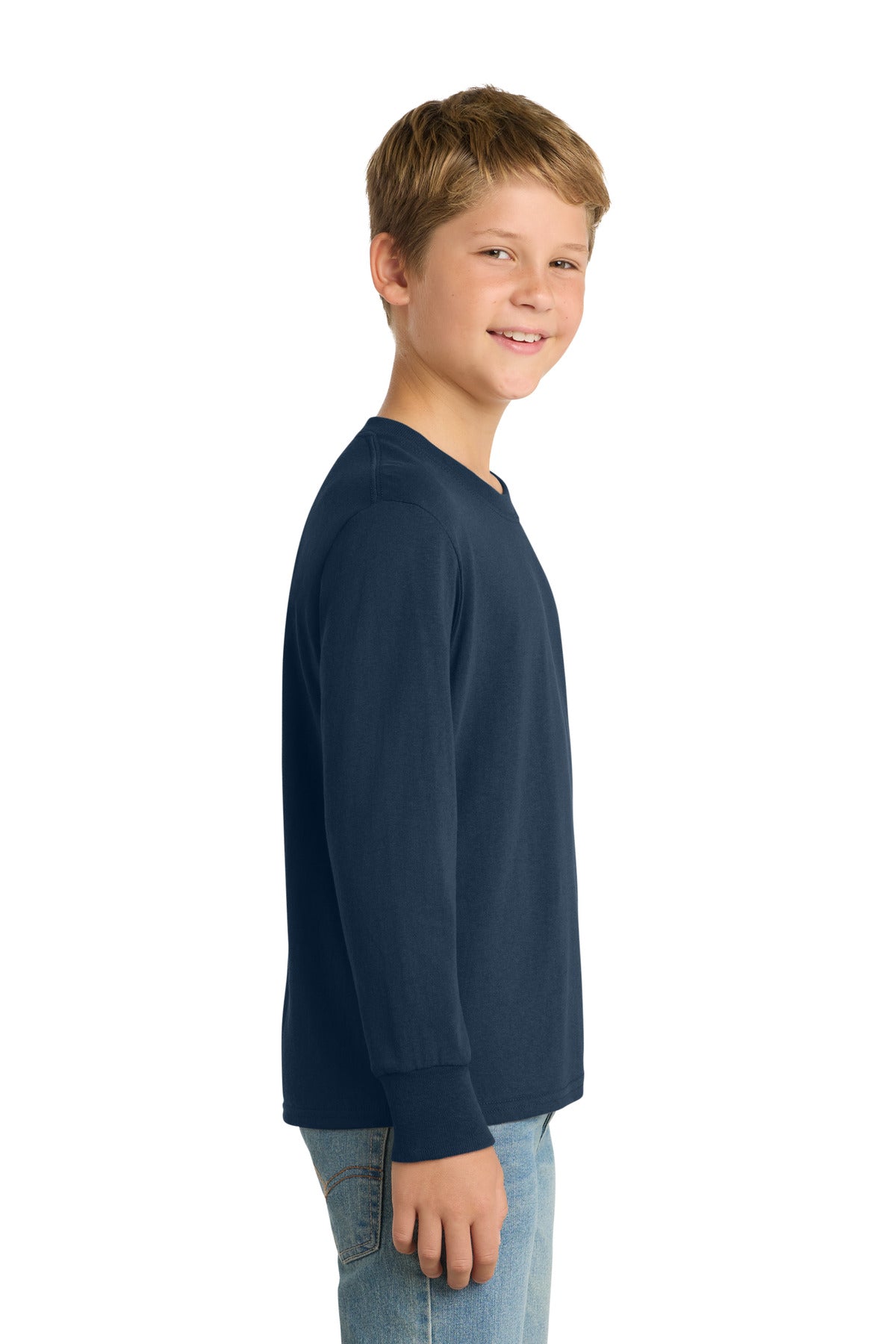 Navy Port & Co Youth Long Sleeve Core Cotton Tee. PC54YLS plain
