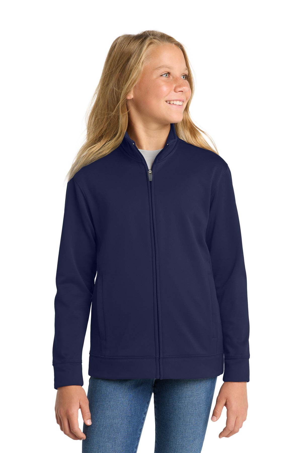 Navy Sport-Tek Youth Sport-Wick Fleece Full-Zip Jacket. YST241 plain