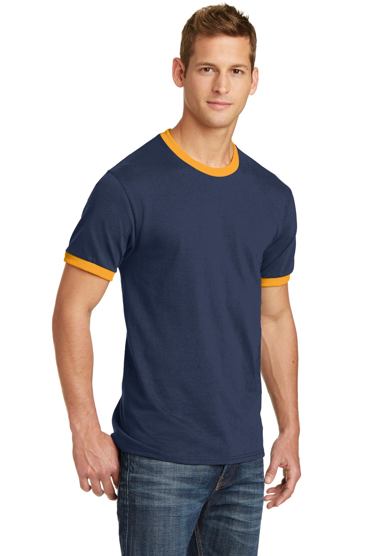 Navy/Gold Port & Co Core Cotton Ringer Tee. PC54R plain