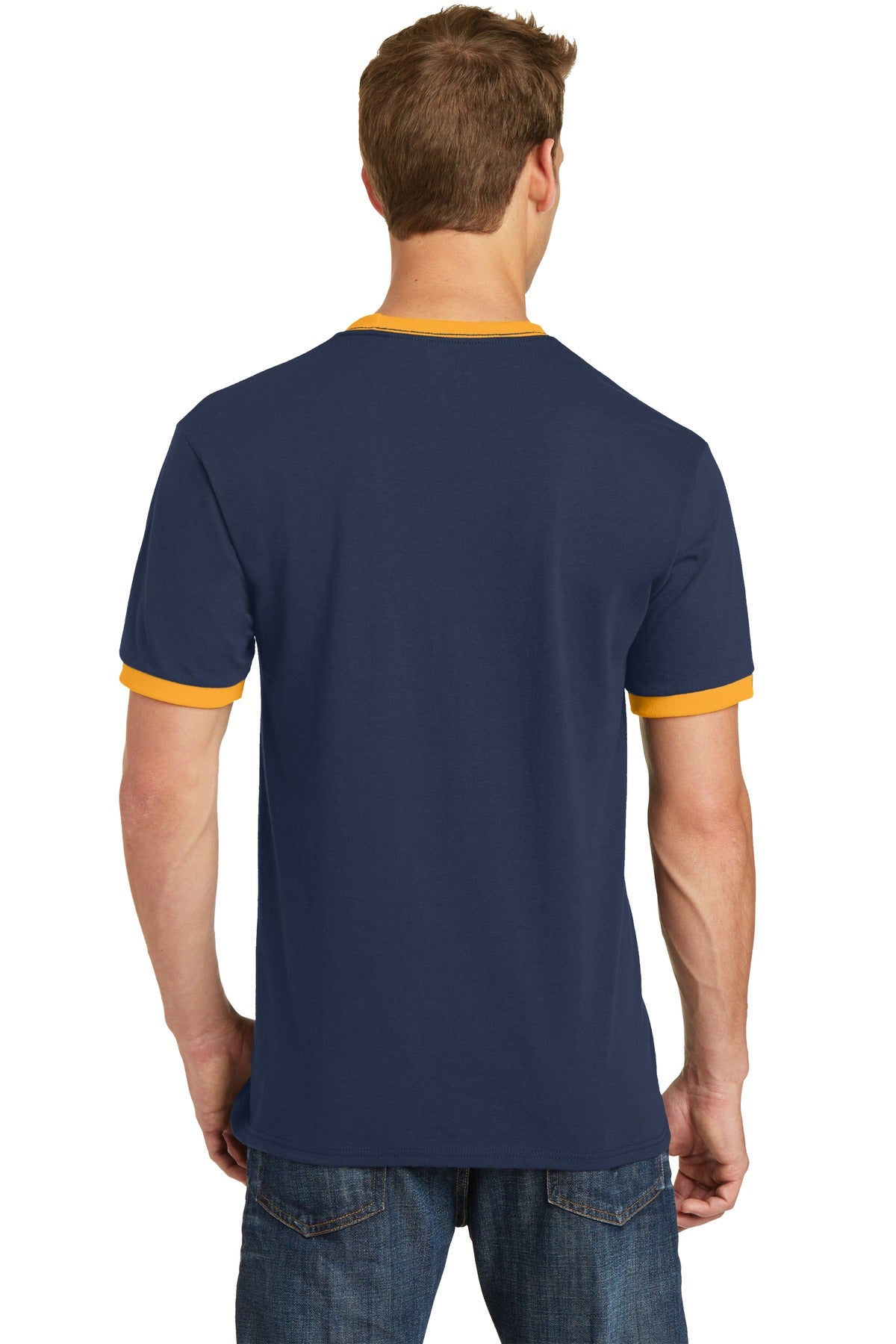 Navy/Gold Port & Co Core Cotton Ringer Tee. PC54R plain